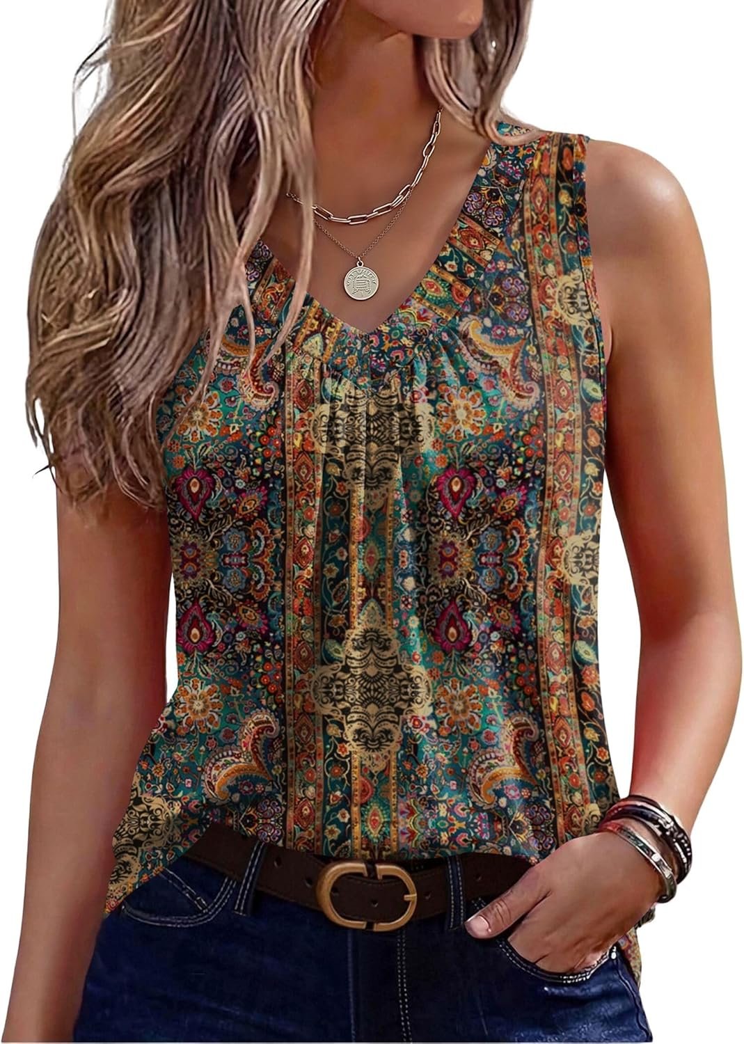 Zeagoo Womens Tank Tops Summer Sleeveless Tops V Neck Pleated Shirts | Summer Sleeveless Loose Fit Tops,Basic Tees,Dressy Casual Trendy Clothes,Fashion Clothing,Cute Tops,Womens Tops,Ladies Shirts
