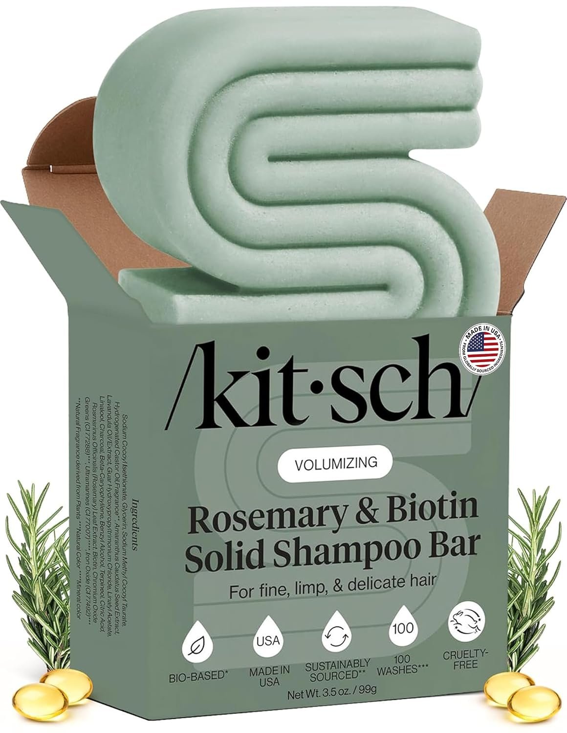 Kitsch Rosemary & Biotin Shampoo Bar Soap for Hair Growth – 3.5 oz | Strengthening, Thickening & Volumizing Hair Shampoo for Women and Men – Free of Paraben, Sulfate & Silicone – Made in USA