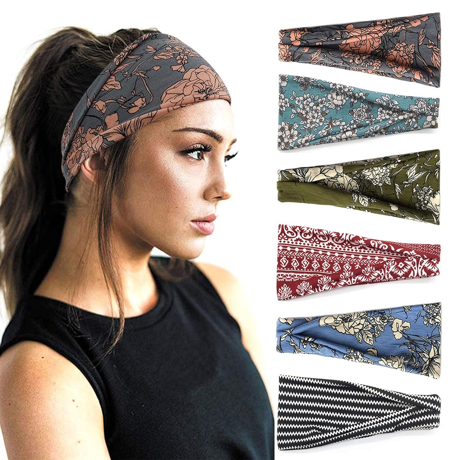 YONUF 6 Pack Headbands for Women, Boho Wide Head Bands & Hair Accessories | Non Slip Soft Stretch Headband, Fashion Hair Bands for Yoga, Workout, Face Wash, Makeup, Women’s Head Wraps for Daily Use