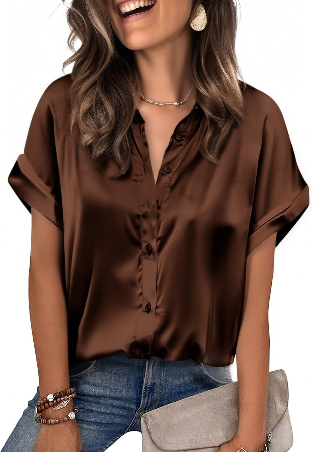 Zeagoo Womens Satin Blouse Short Sleeve Silk Tops Button Down Shirts | Fashion Collared Shirt, Office Work Top, Wedding Date Night Party Outfit, Trendy Spring Summer Fall Clothes
