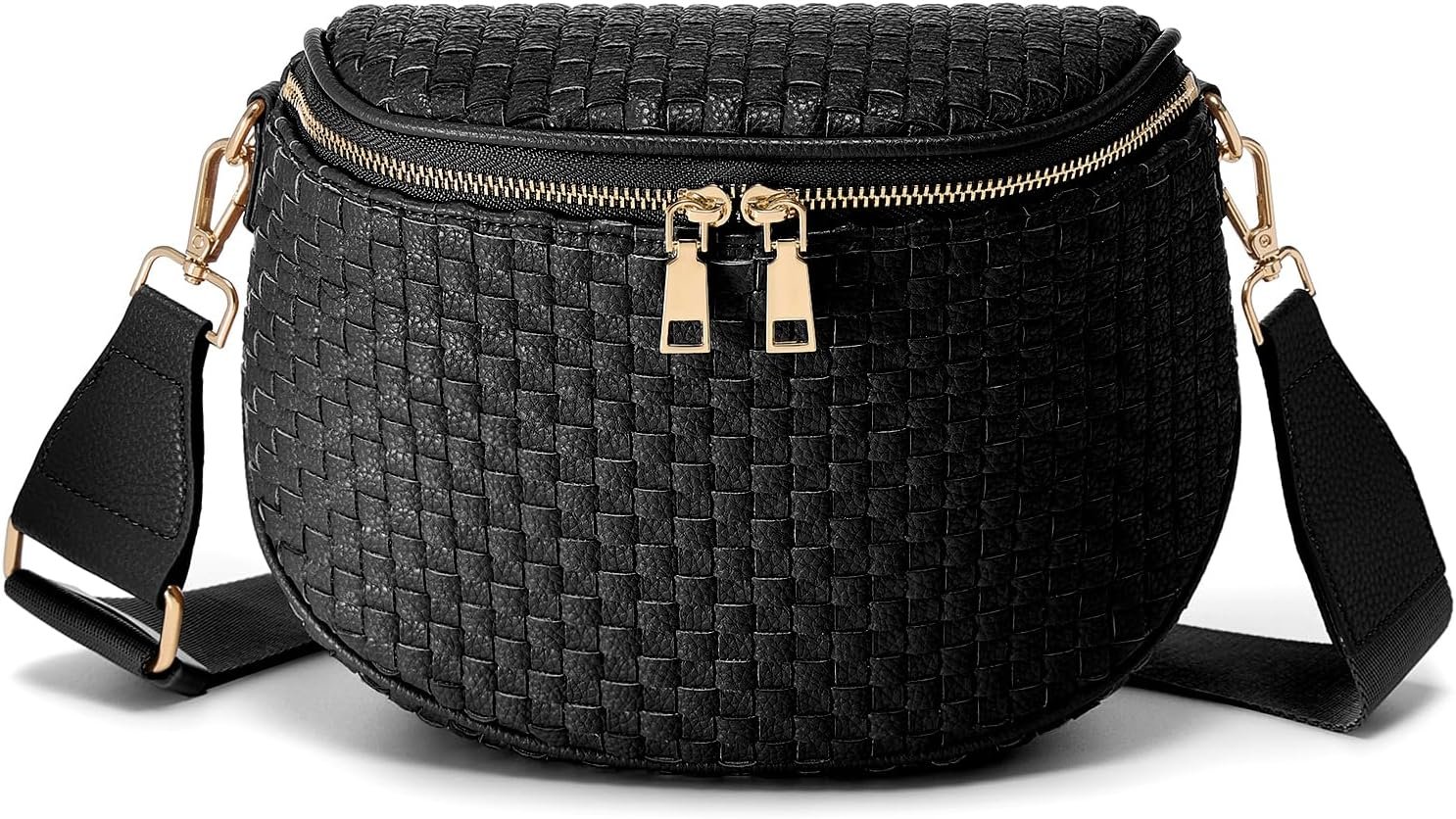 Trendy Woven Checkered Crossbody Bum Bag for Women，PU Leather Checkered Purse Fanny Packs Belt Bag (Woven Bum Bag – Pure Black)