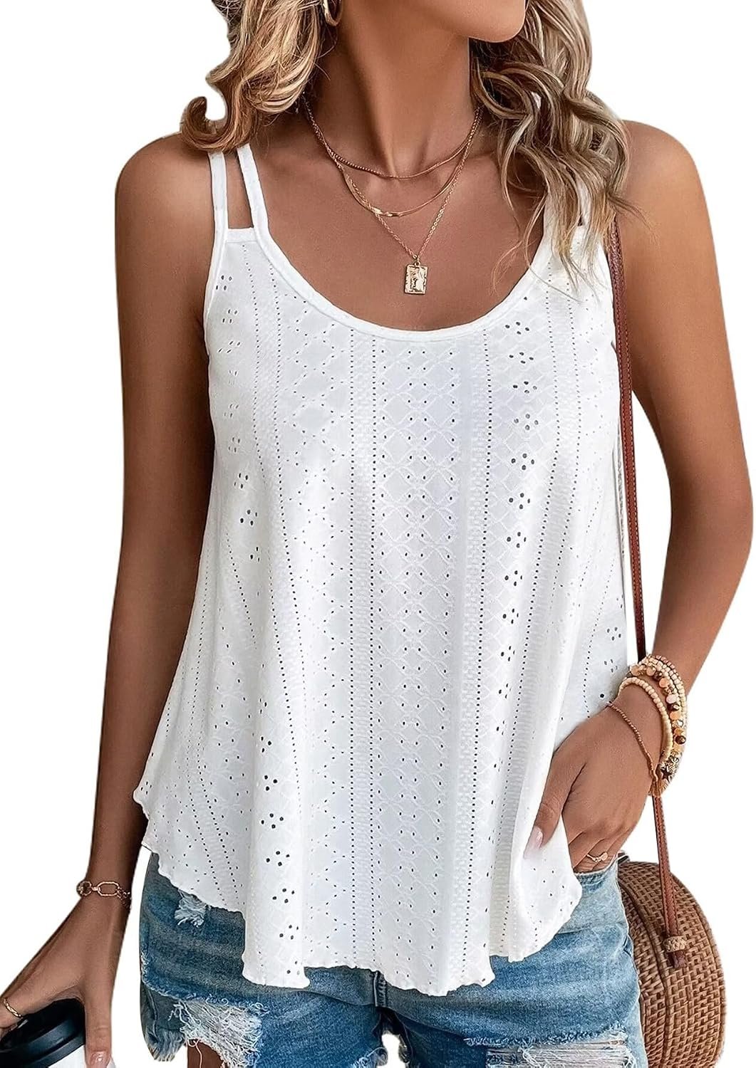 KKJ Womens Cute Tank Tops Spaghetti Strap Sleeveless Summer Flowy Shirts | Flowy Loose Fit Shirts,Scoop Neck,Eyelet Camisole Tops,Cute Boho Fashion Clothes,Summer Beach Vacation Daily Casual Outfits