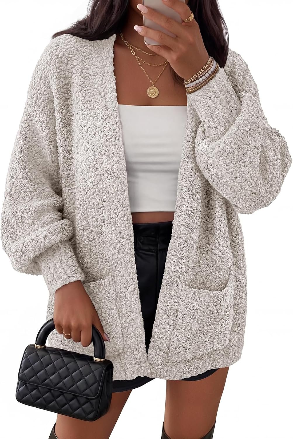 MEROKEETY Women’s Fuzzy Popcorn Oversized Sherpa Chenille Cardigan Sweaters | Open Front, Batwing Long Sleeve, Side Pockets, Chunky Cozy Knit, Soft Warm Fleece, Slouchy Loungewear, Fall Fashion Outerwear
