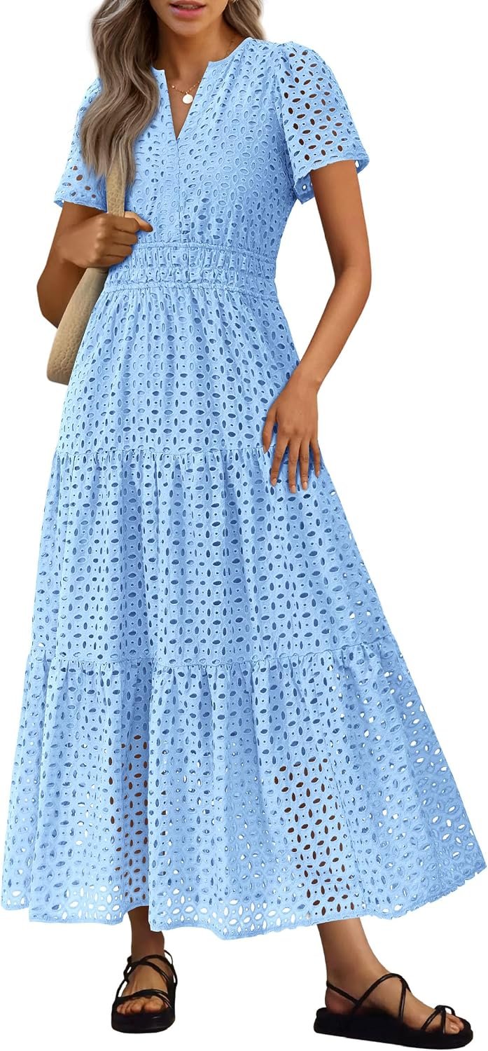 PRETTYGARDEN Women’s Summer Hollow Out Eyelet Maxi Dress | Boho Dresses, Smocked Waist, Short Sleeve, V Neck, A-Line, Long Flowy Dress, Pockets, Wedding Guest, Beach Vacation Outfits