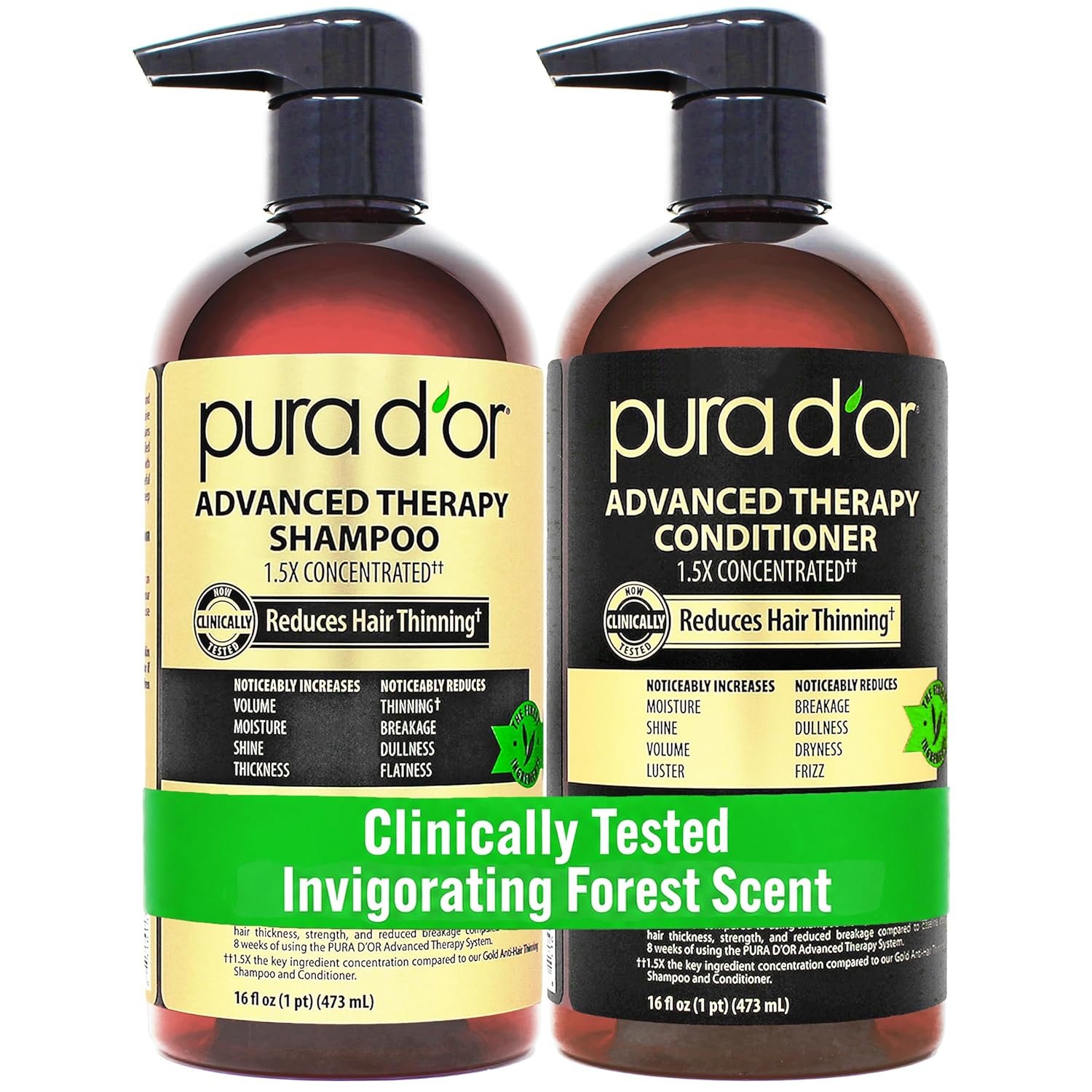 PURA D’OR Advanced Therapy Biotin Shampoo & Hair Regrowth Conditioner Set For Hair Thinning, CLINICALLY TESTED Effective Thickening Results, For Women & Men, Invigorating Forest Scent, 16oz x2