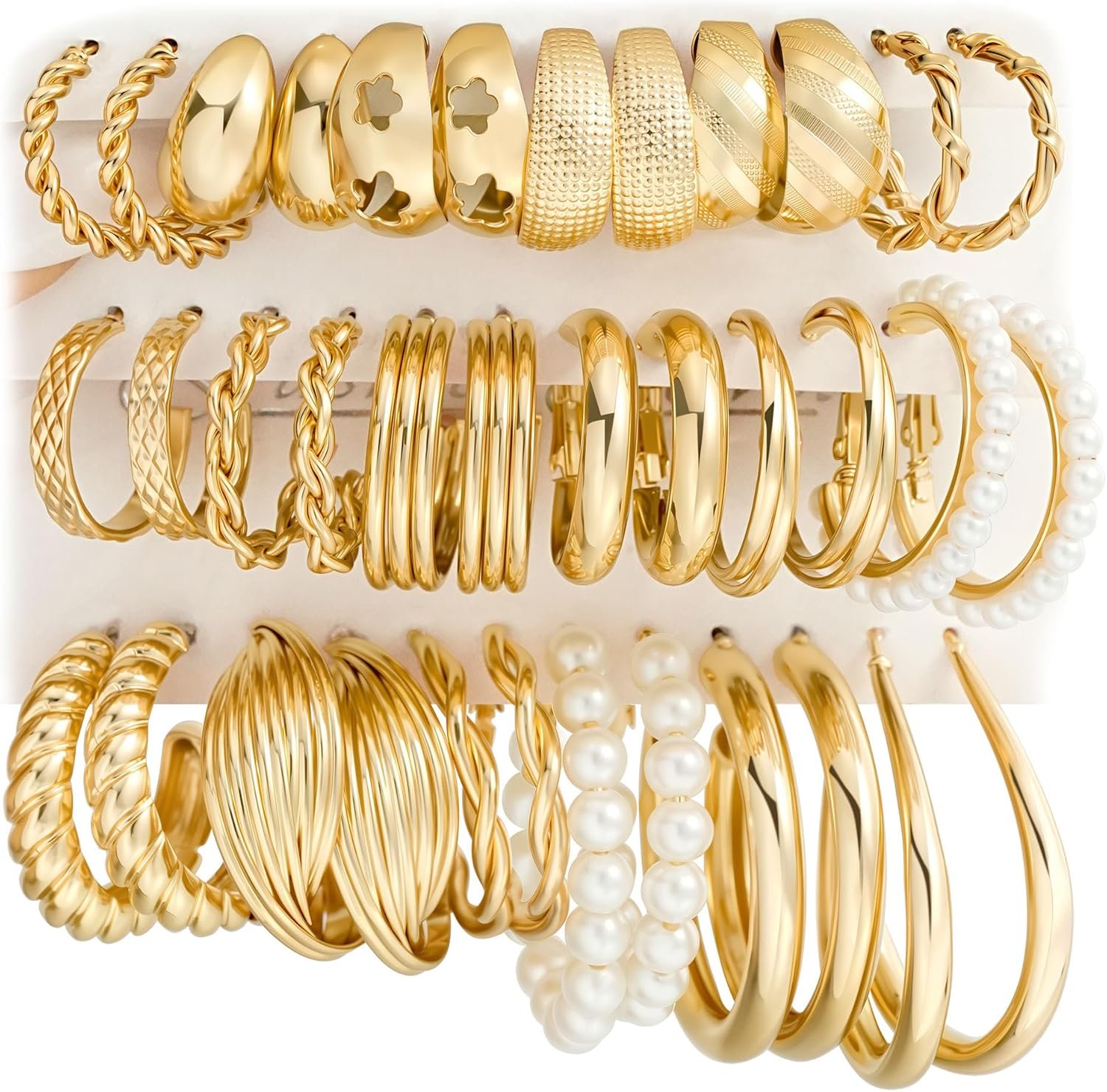Gold Hoop Earrings Set for Women, 18 Pairs Hypoallergenic Statement Open Pearl Hoops Earring for Multipack, Gold Chunky Hoop Earrings for Women Trendy Jewelry