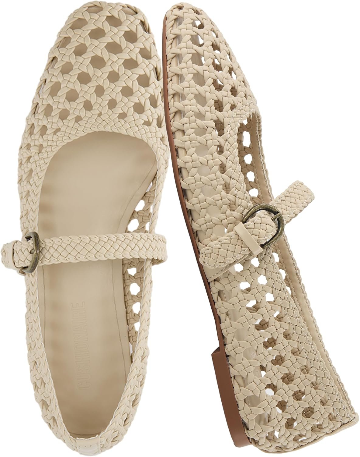 CUSHIONAIRE Weston Hand Woven Mary Jane Flats for Women, Comfortable Dressy Ballet Flats with Braided Adjustable Buckle and Memory Foam Cushioning