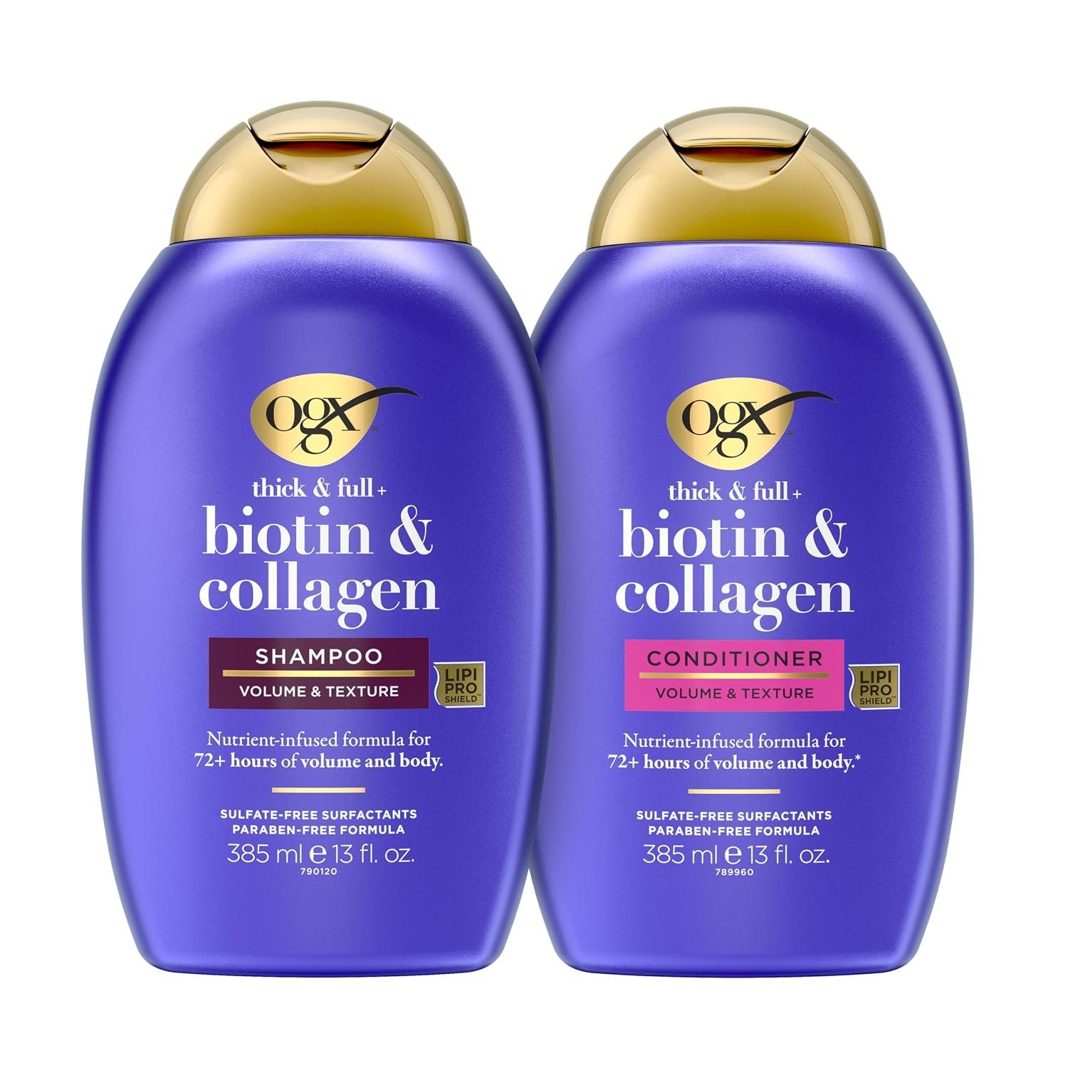 OGX Thick & Full + Biotin and Collagen for Hair Volume & Body, Sulfate Free Volumizing Shampoo & Conditioner Set for Fine & Thinning Hair, Nutrient-Infused, Vitamin B7, 13 fl oz, 2 Pack