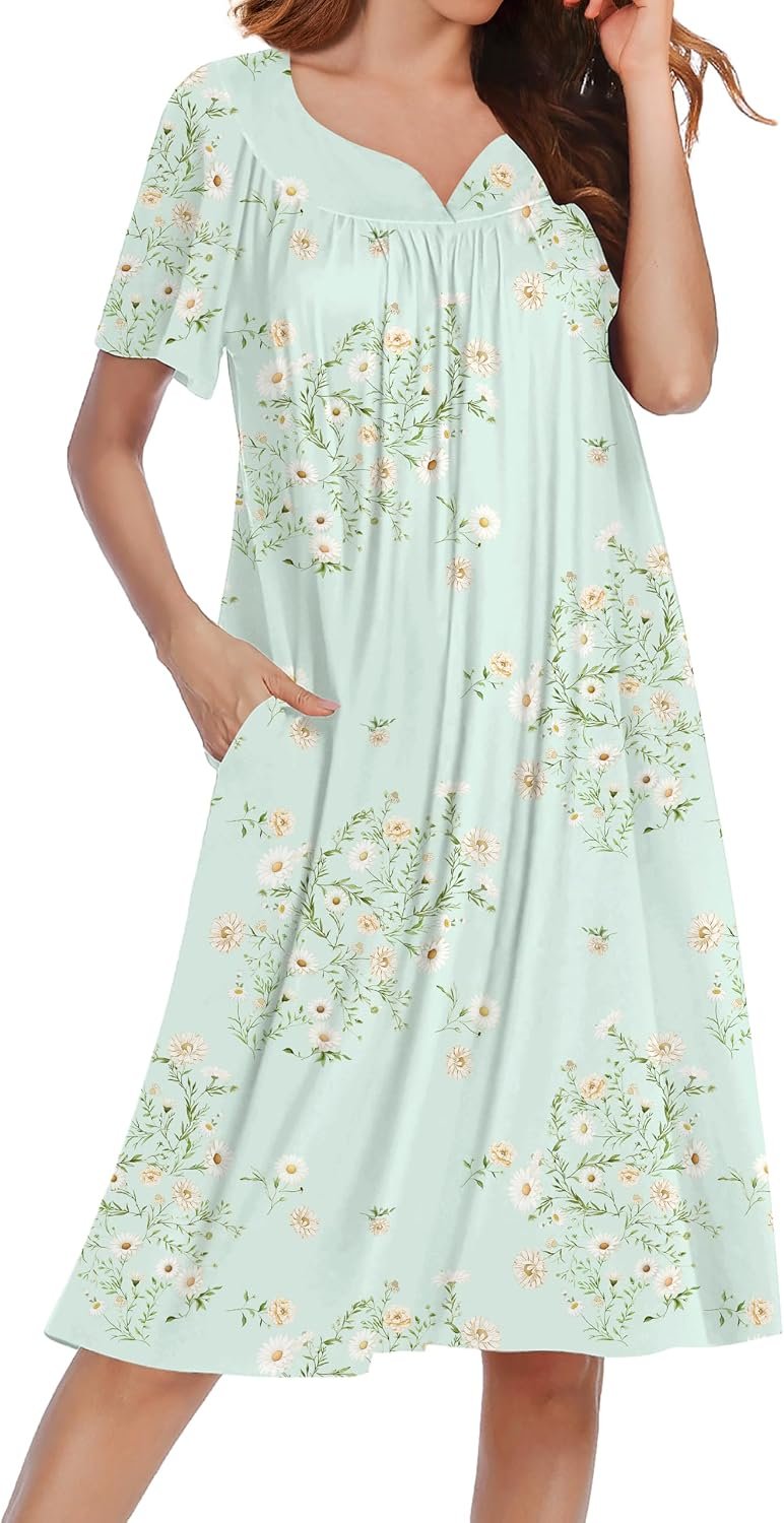 Ekouaer Nightgowns for Women House Dress Short Sleeve Moo Moo with Pockets | Pleated Mumu Dresses V Neck Sleepwear Short Sleeve Night Gowns Soft Sleep Shirts Plus Size Night Shirts Ladies Lounge Dress
