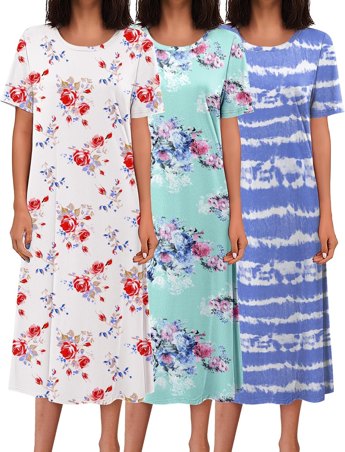 Ekouaer 3 Pack Long Nightgowns for Women Full Length Short Sleeve Nightshirt Soft Plus Size Sleepwear Casual Loungwear