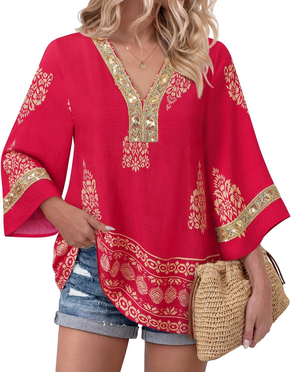 Bebonnie Womens 3/4 Sleeve Embroidered V Neck Boho Blouses Old Money Dressy Casual Tunic Tops