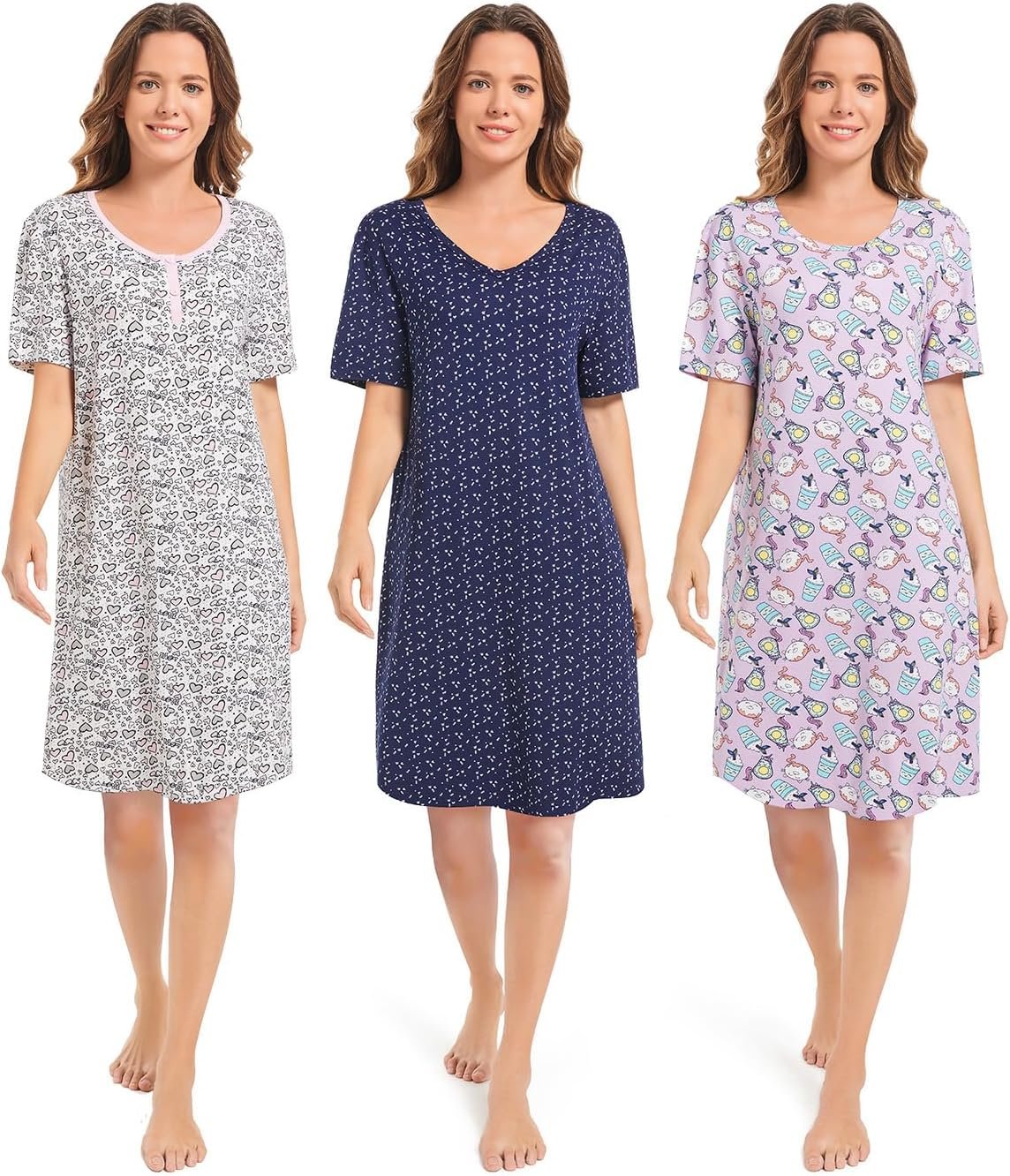3 Pack Nightgowns for Women Summer Short Sleeve Night Gowns | Soft Sleep Shirts Women’s Sleepwear Print Sleep Dress S-3X
