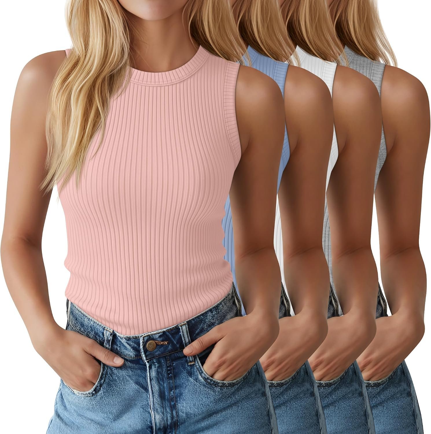 4 Pack Tank Tops for Women 95% Cotton Ribbed Sleeveless Shirts Slim Fit Crew Neck Tanks Summer Casual Basic Tops