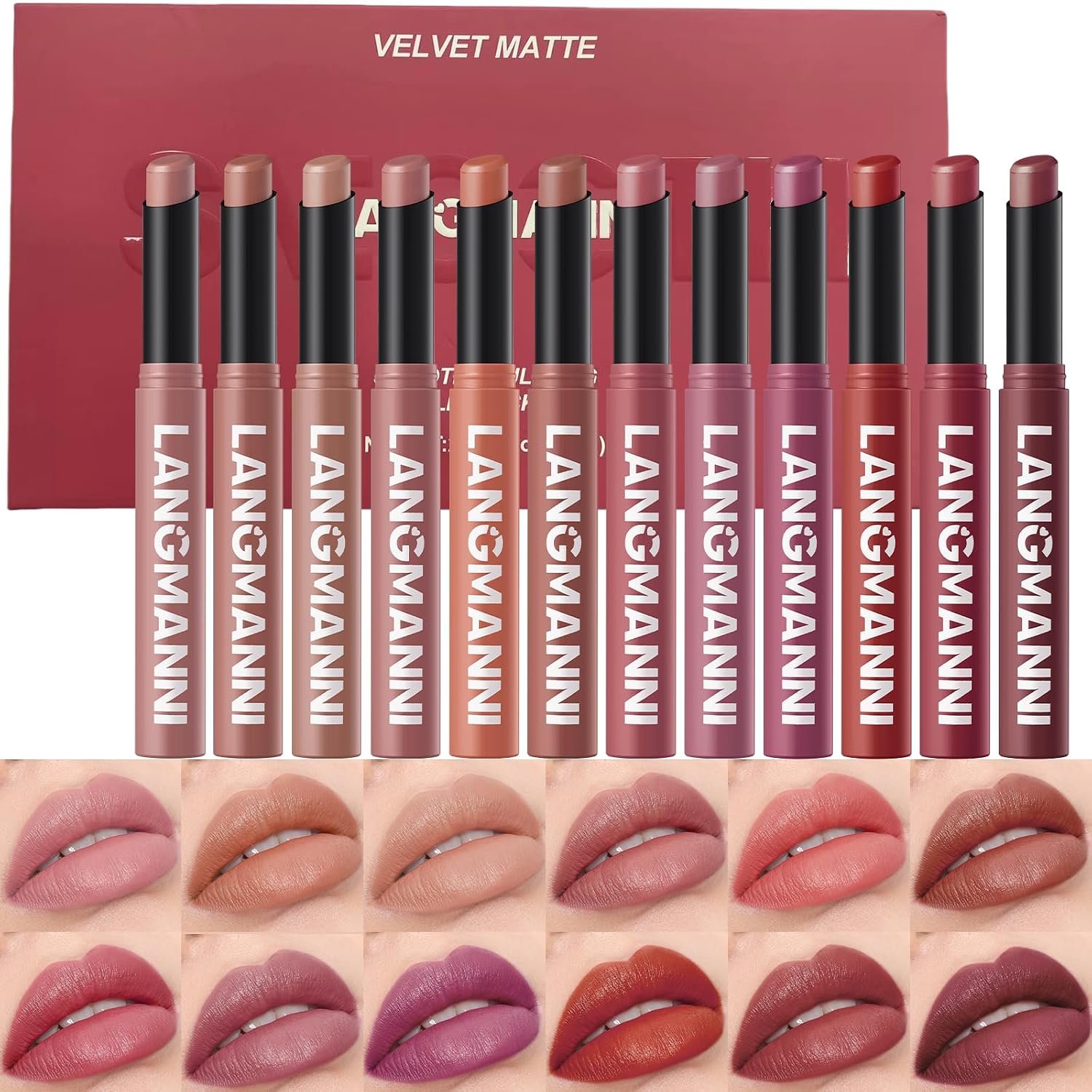 12Pcs Velvet Matte Lipstick Nude Matte Soft Dark Color Stick High Pigmented Long-Lasting Waterproof Lip Stick Lip Balm Beauty Cosmetics Gift for Women(01#-12#)