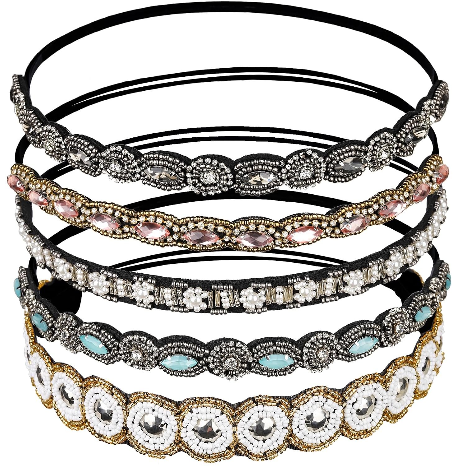 Teenitor 5pcs Hairbands for Women, 5 Rhinestone Beaded Headbands, Head Bands for Women’s Hair Fashionable Handmade Crystal Beaded Elastic hairbands, 20-26.8″(51-68cm), 1 Count (Pack of 5), HAIRBAND
