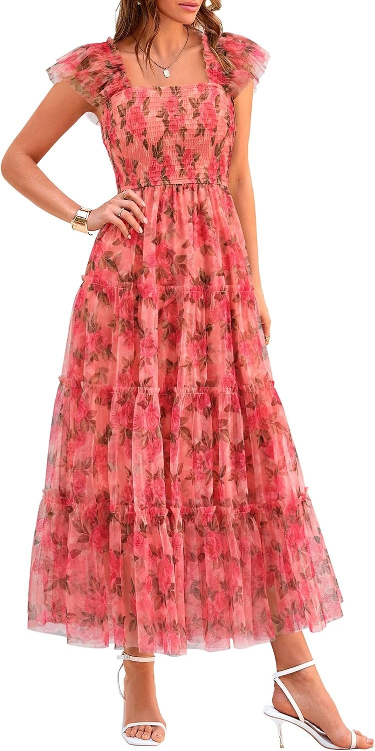 PRETTYGARDEN Women’s Summer Smocked Midi Tulle Dress | Sleeveless Square Neck A Line, Flowy Tiered Mesh, Spring Semi Formal Wedding Guest Outfits, Homecoming Prom Party Dresses