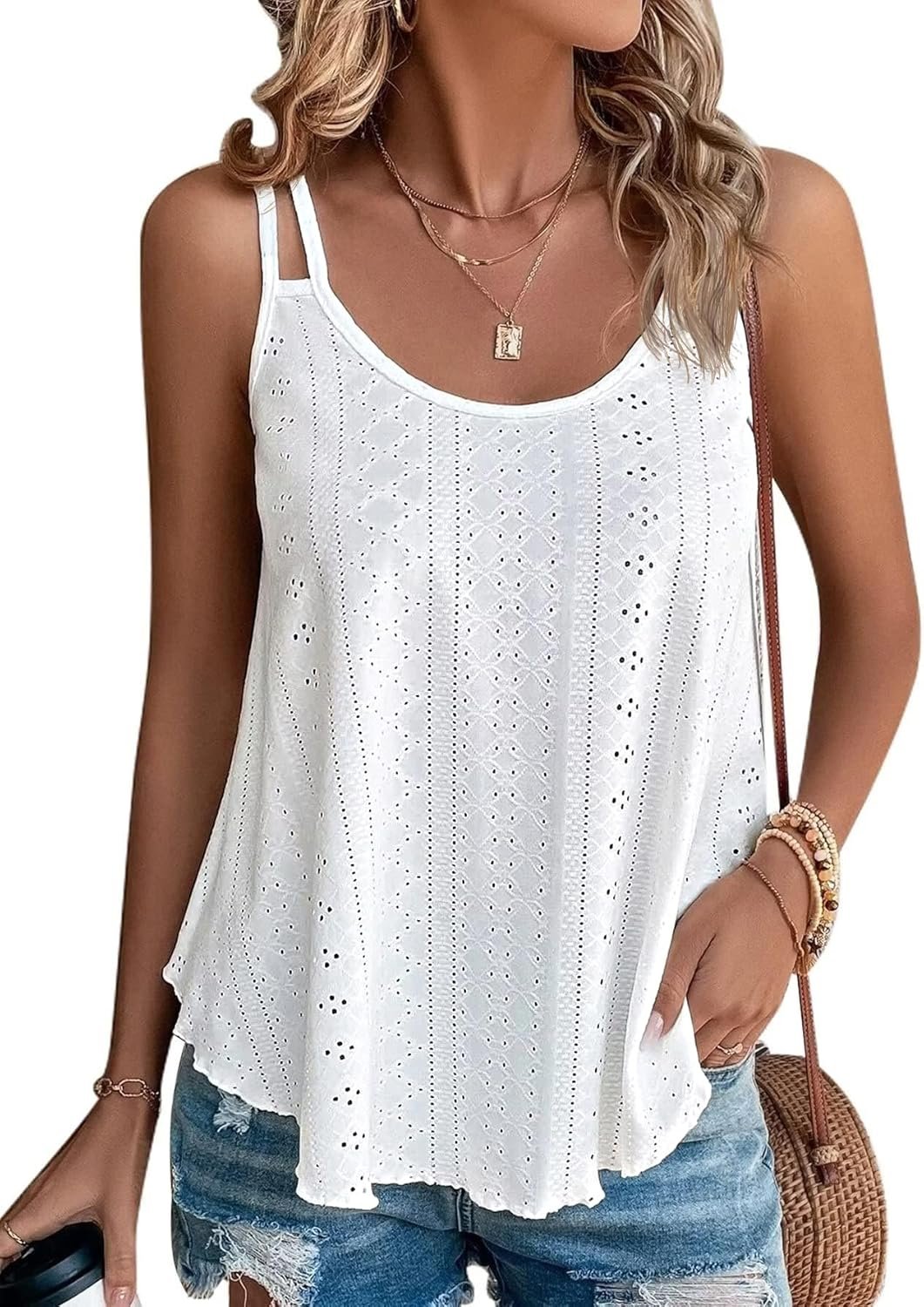 ATHMILE Womens Tank Tops Sleeveless Summer Top Spaghetti Strap | Flowy Boho Clothes,Loose Spring Shirt Loose Fit,Beach Vacation Camisole Eyelet