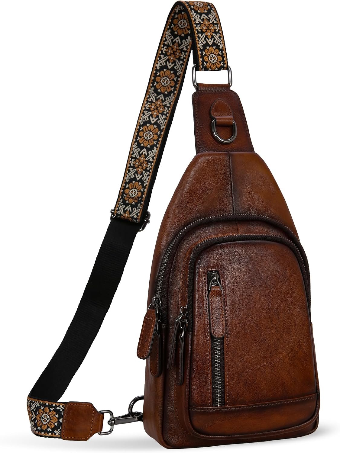HESHE Leather Sling Bag for Women RFID Crossbody Purse Fanny Pack Chest Bag | Genuine Anti Theft Belt Bag for Travel Casual Daypack Cross Body Purse Trendy Pocket Over Shoulder Bag Guitar Boho Strap