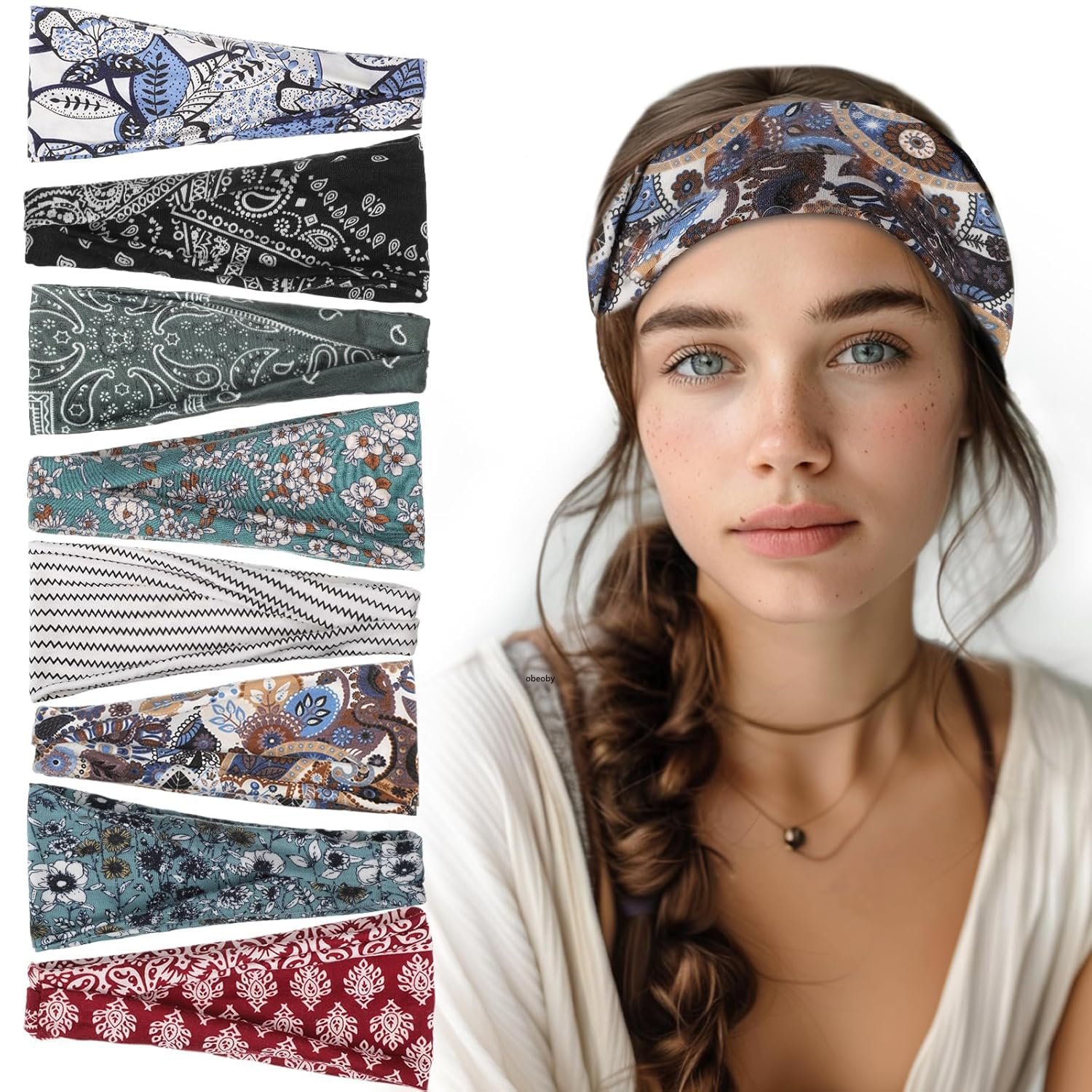 8 Pack Headbands for Women, Boho Style Headbands | Fashion Headbands for Music Festival,Breathable, 9 x 3.5 In,Hiking Gifts for Women, for Daily Wear and Vacation