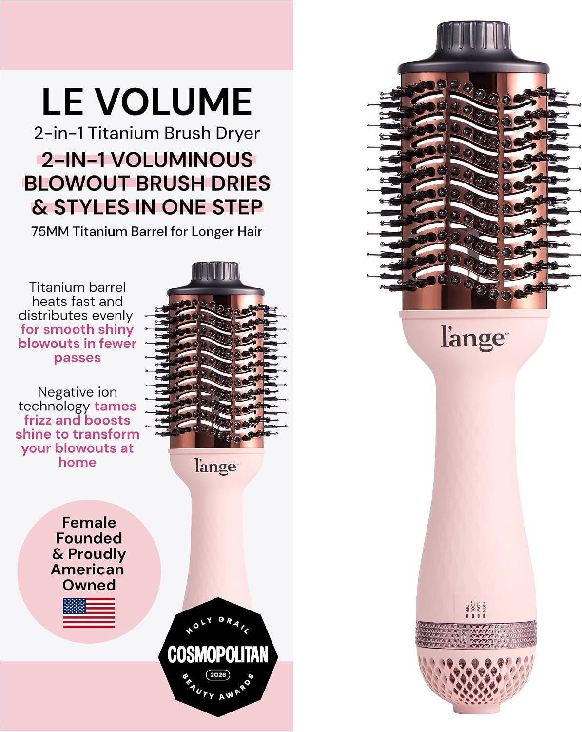 L’ANGE HAIR Le Volume 2-in-1 Titanium Blow Dryer Brush | Frizz Control Blowout Hair Dryer Brush For Drying And Straightening | Volumizing Hot Air Styler For All Hairstyles | Oval Barrel | Blush – 75mm