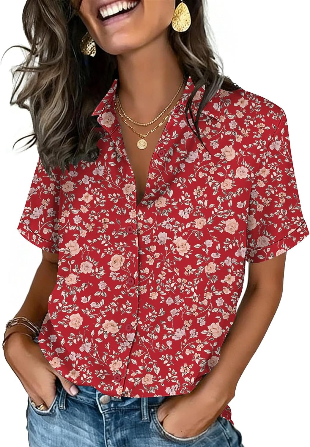 Zeagoo Button Down Shirts for Women Short Sleeve Collared Tops Dressy Casual V Neck Blouses