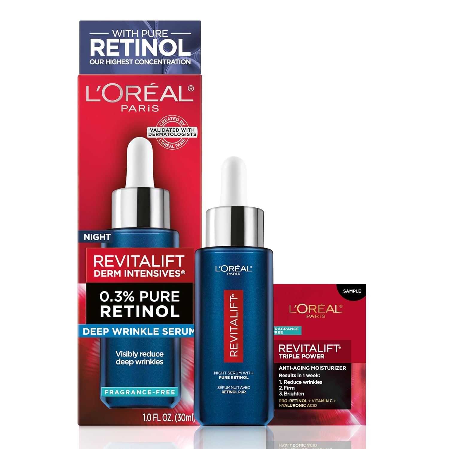 L’Oreal Paris Revitalift 0.3% Pure Retinol Night Serum, Reduce Deep Wrinkles, Fragrance Free 1 oz + Moisturizer Sample