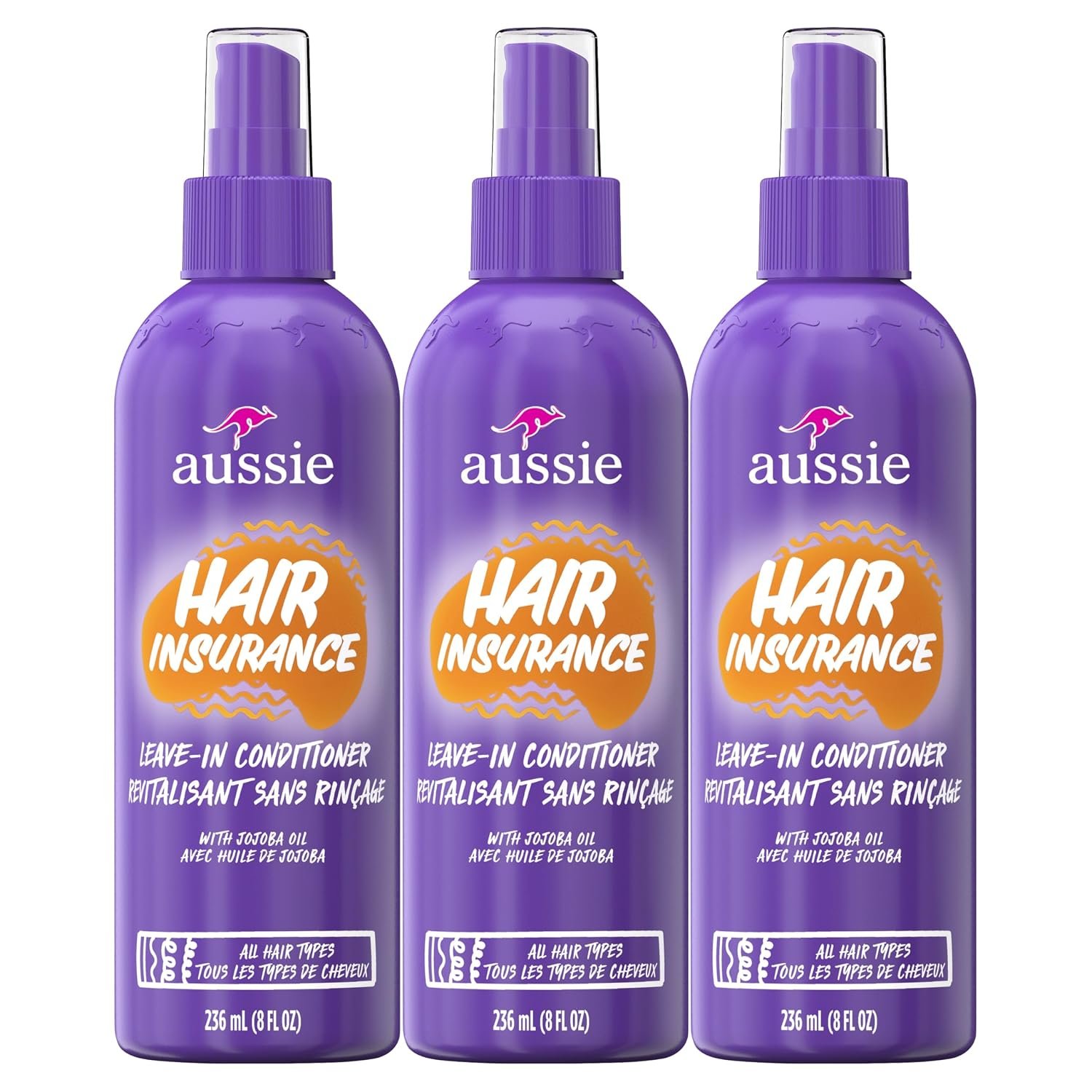 Aussie Hair Insurance Leave-In Conditioner Spray: Moisturizing Frizz Control & Detangler with Jojoba Oil (8 Fl Oz Each, 3-Pack)