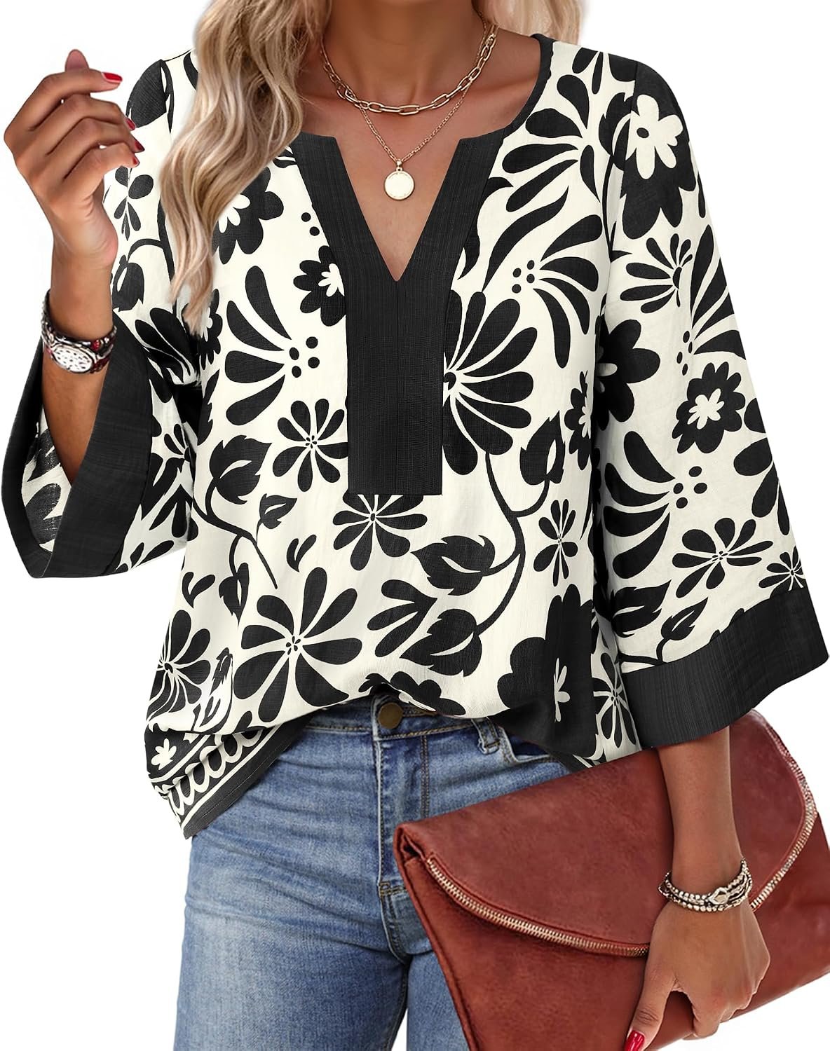 Bebonnie Women Blouses Dressy Casual 3/4 Sleeve V Neck Floral Loose Fit Tunic Tops