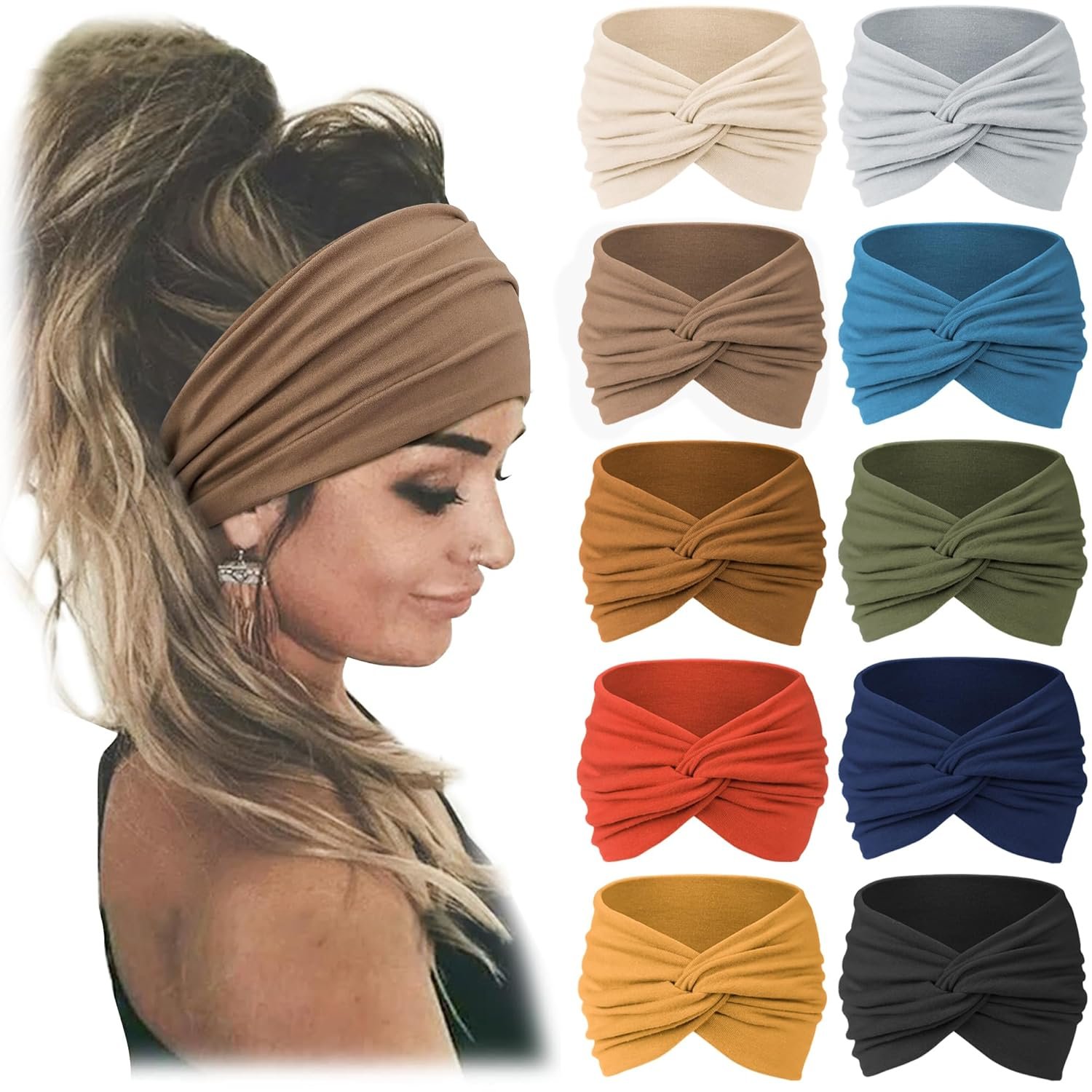 10 PCS Extra Wide Turban Headbands for Women, Non-Slip Head Bands | Soft Stretch Fabric, African Turban Style, Boho Head Wrap, Hair band for Yoga, Workout, Daily Wear & Travel (Caramel)