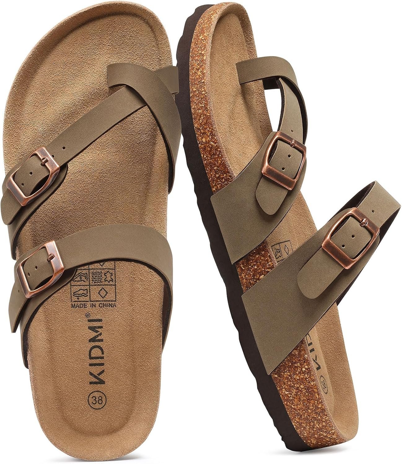 KIDMI Women’s Cork Footbed Sandals with Toe Loop Comfortable Slip On Slides | Adjustable Buckle Straps, Summer Travel Sandals, Beach Casual Style