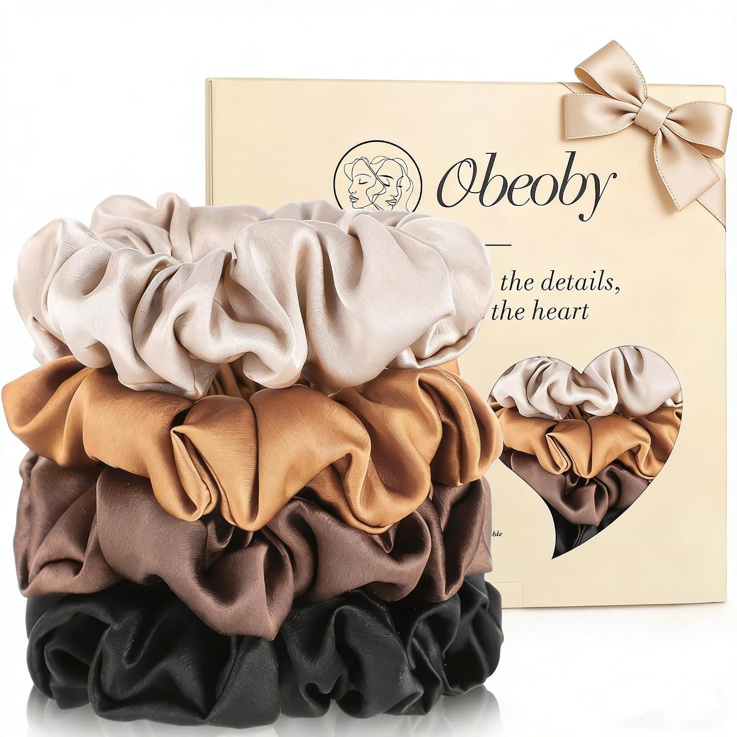4 Pcs Mulberry Silk Scrunchies for Hair Sleep, No Damag Frizz Control | 19 momme,gentle on hair, helps reduce breakage and frizz, neutral coffee tones for sleep daily wear,small gifts for women