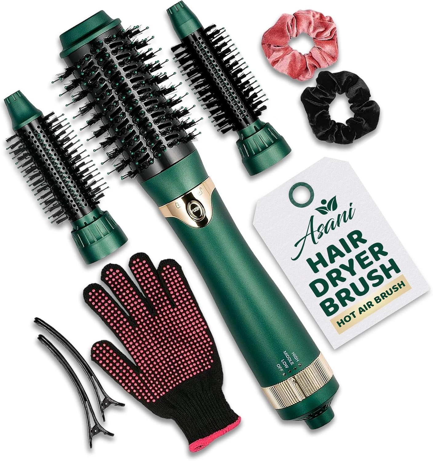 Asani Hot Air Brush – Multipurpose Blow Dryer Brush with Interchangeable Heads, Heated Round Brush for Curling or Straightening, Volumizer and Styling Tool for All Hair Types