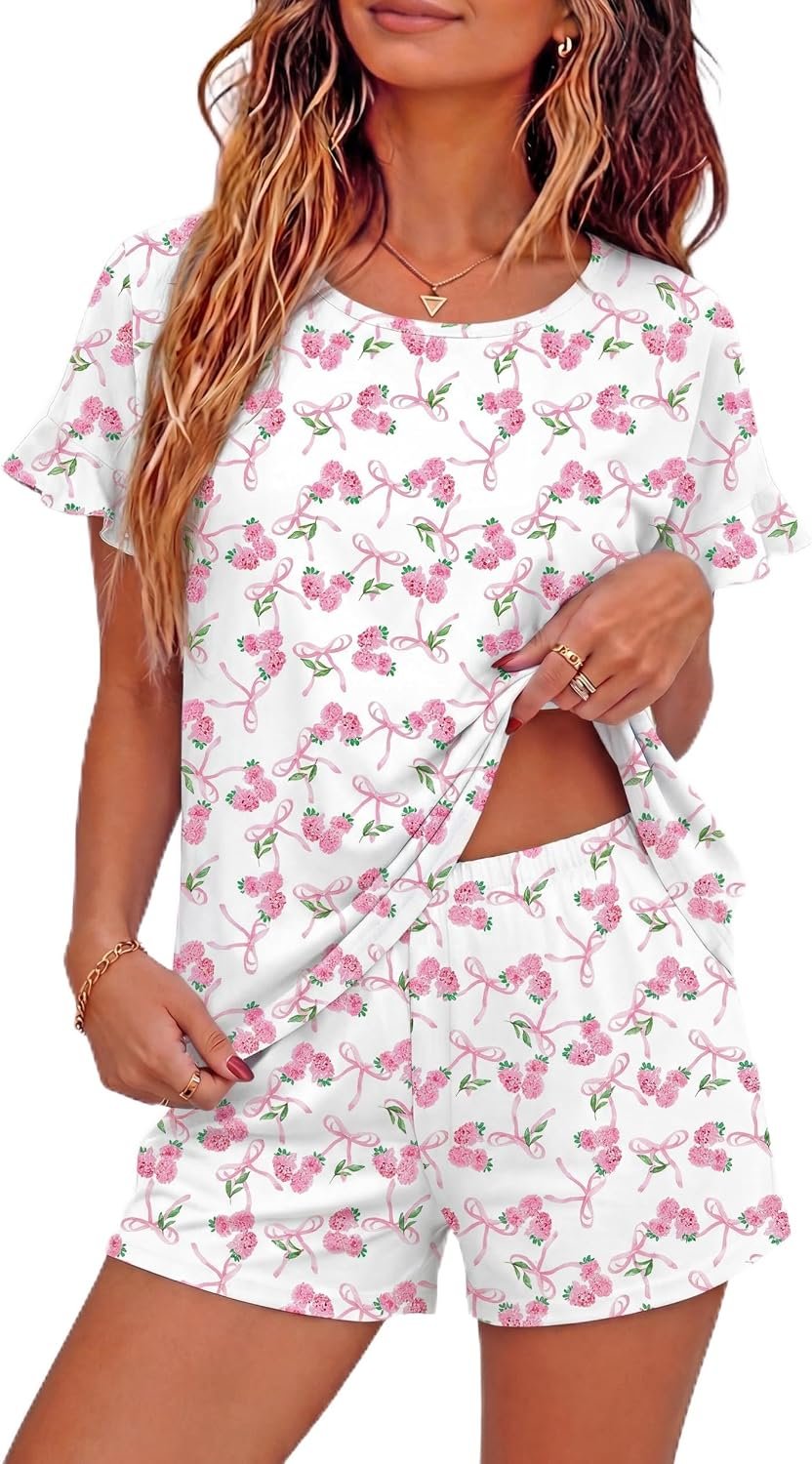 Ekouaer Womens Cotton Pajama Set Ruffle Sleeve Top and Short Soft Sleepwear | Comfy Cotton Loungewear Crewneck Sleepwear with Pockets for mom, wife or grandmother