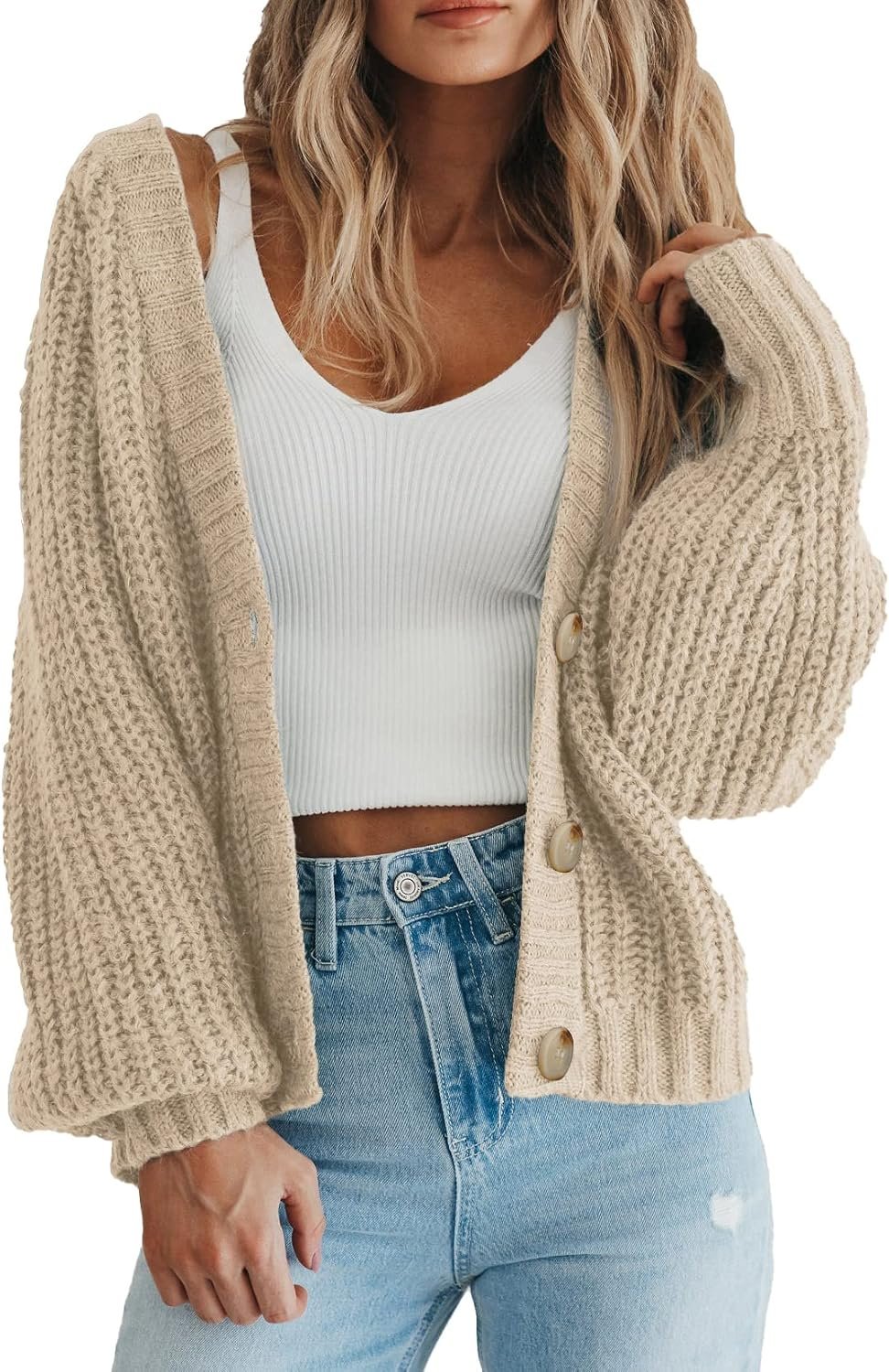 PRETTYGARDEN Women’s Chunky Knit Open Front Cardigan Sweaters Fall Outfits | V Neck Button Loose Short Cardigan Outerwear Coats, Slouchy Drop Shoulder Loose Cute Sweaters, Fall Clothes for Work & Office