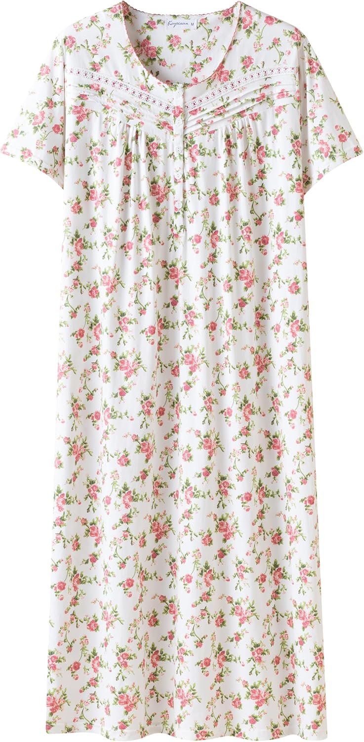 Keyocean Women Nightgowns, Soft 100% Cotton Short Sleeves Comfy Ladies Nightdress