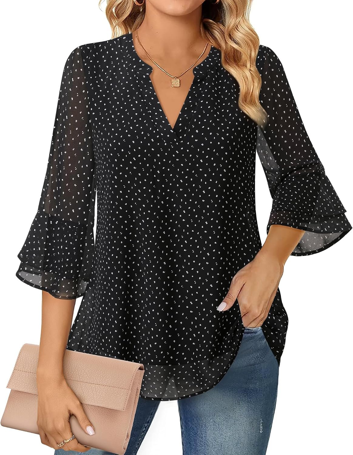 Lotusmile Womens Tops Dressy Casual 3/4 Sleeve Chiffon Business Work Tunic