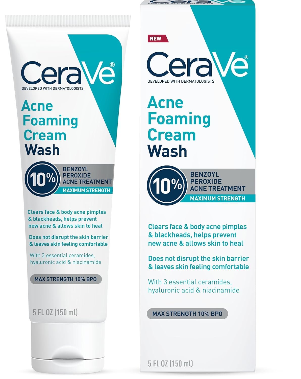 CeraVe Acne Foaming Cream Wash, 10% Benzoyl Peroxide Facial Cleanser, 5oz | 10% Benzoyl Peroxide Cleanser with Hyaluronic Acid and Niacinamide Clears Pimples and Acts As A Blackhead Remover