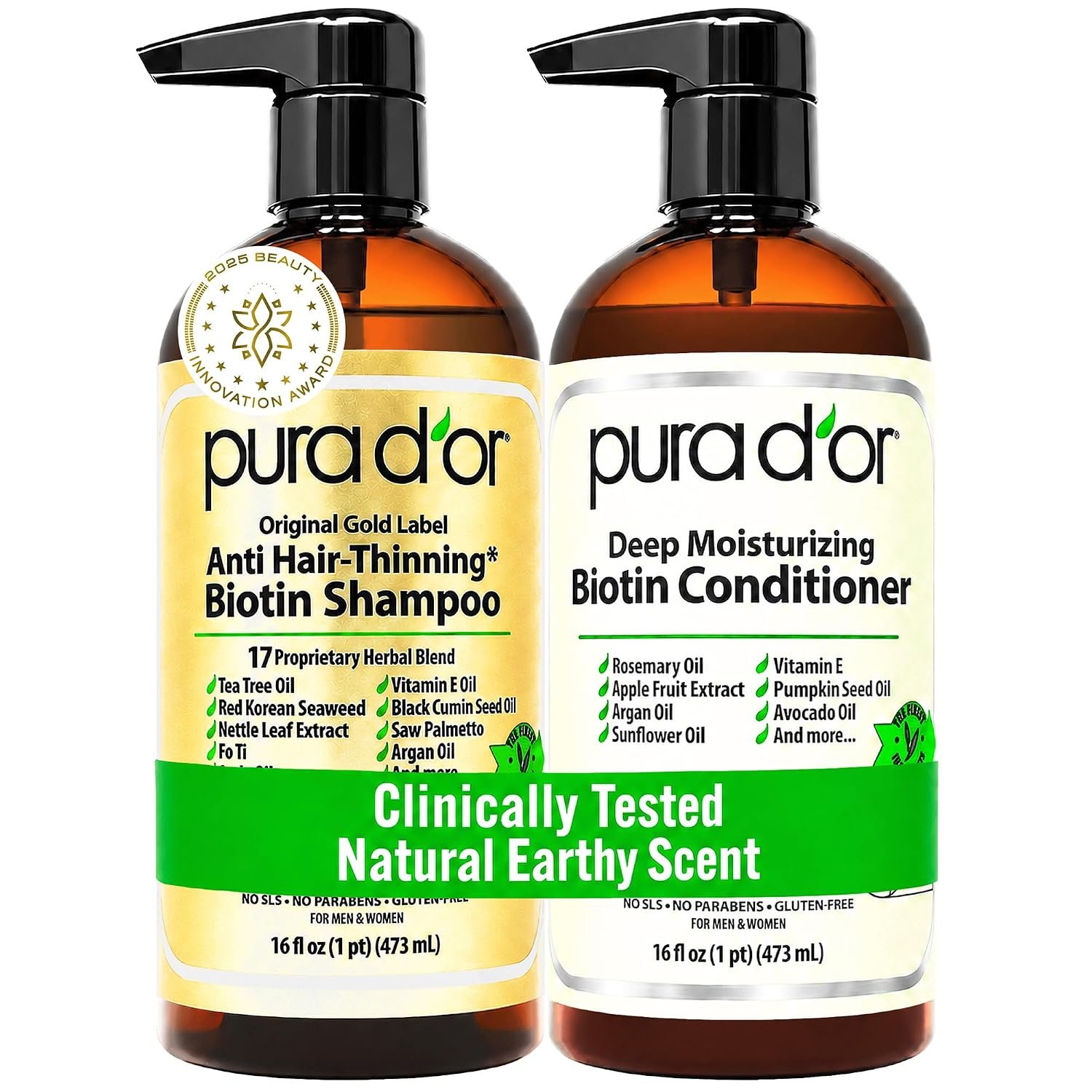PURA D’OR Gold Label Anti-Thinning Biotin Shampoo & Conditioner, 16oz x2 | Thicker-Looking Hair, Clinically Tested, Botanical Extracts, Aloe Vera Base, Men & Women, Sulfate-Free, Natural Earthy Scent