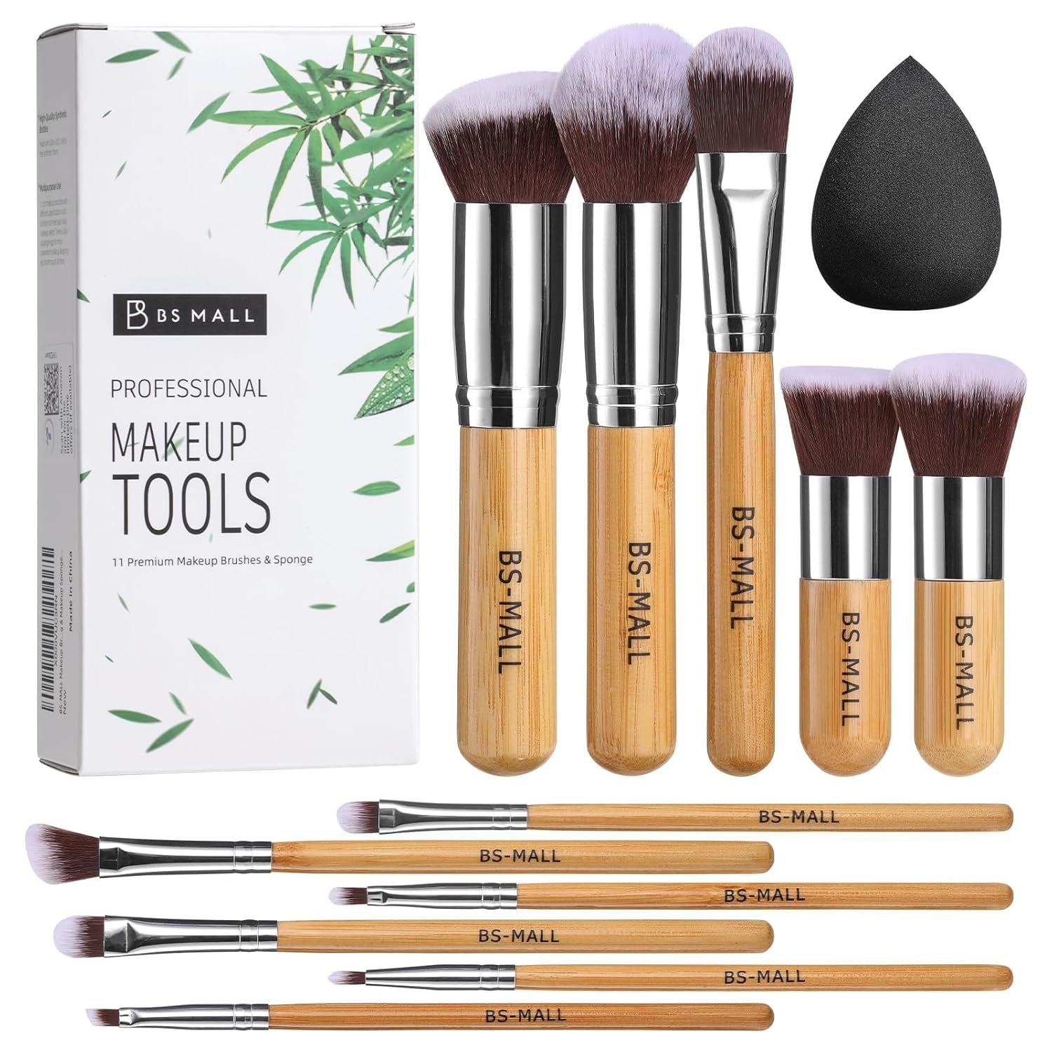 BS-MALL Makeup Brush Set 11 Pcs Makeup Sponge, Professional Bamboo Makeup Brushes for Foundation, Powder, Blush, Concealer, Eyeshadow & Blending, Ideal for Travel, Beginners & Makeup Artists