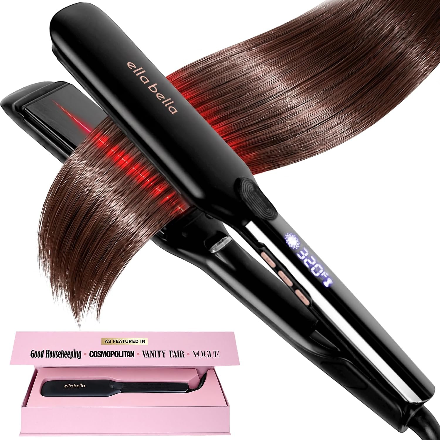 ELLA BELLA® Titanium Flat Iron Hair Straightener Large (with Infrared) • Professional Straightening Iron • Digital Display to Accurately Control Temperature • As Featured in Good Housekeeping
