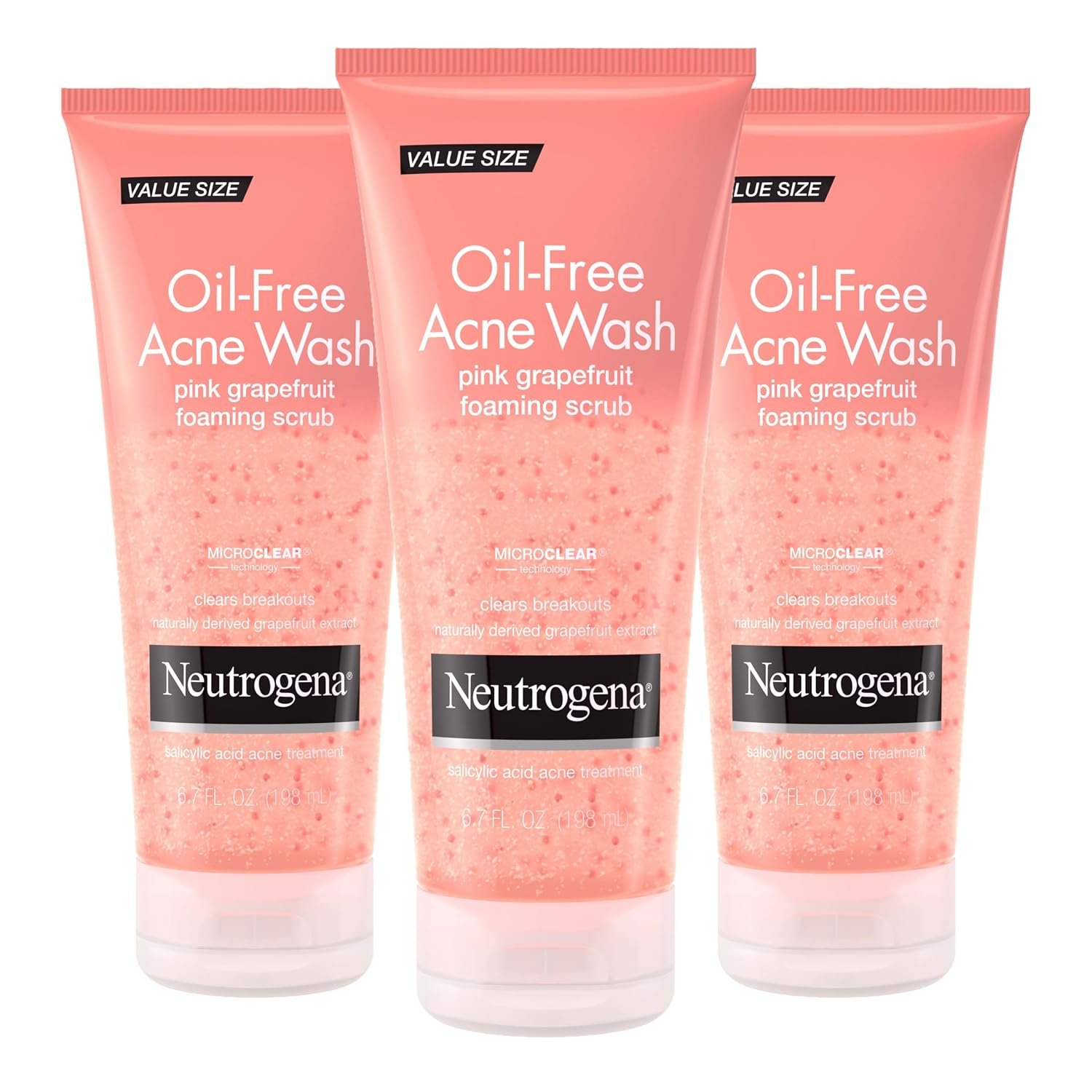 Neutrogena Oil-Free Acne Face Wash Pink Grapefruit Foaming Scrub – Facial Cleanser with Salicylic Acid for Clear Skin, Exfoliating Acne Treatment for Oily Face, 6.7 fl. oz., 3-Pack