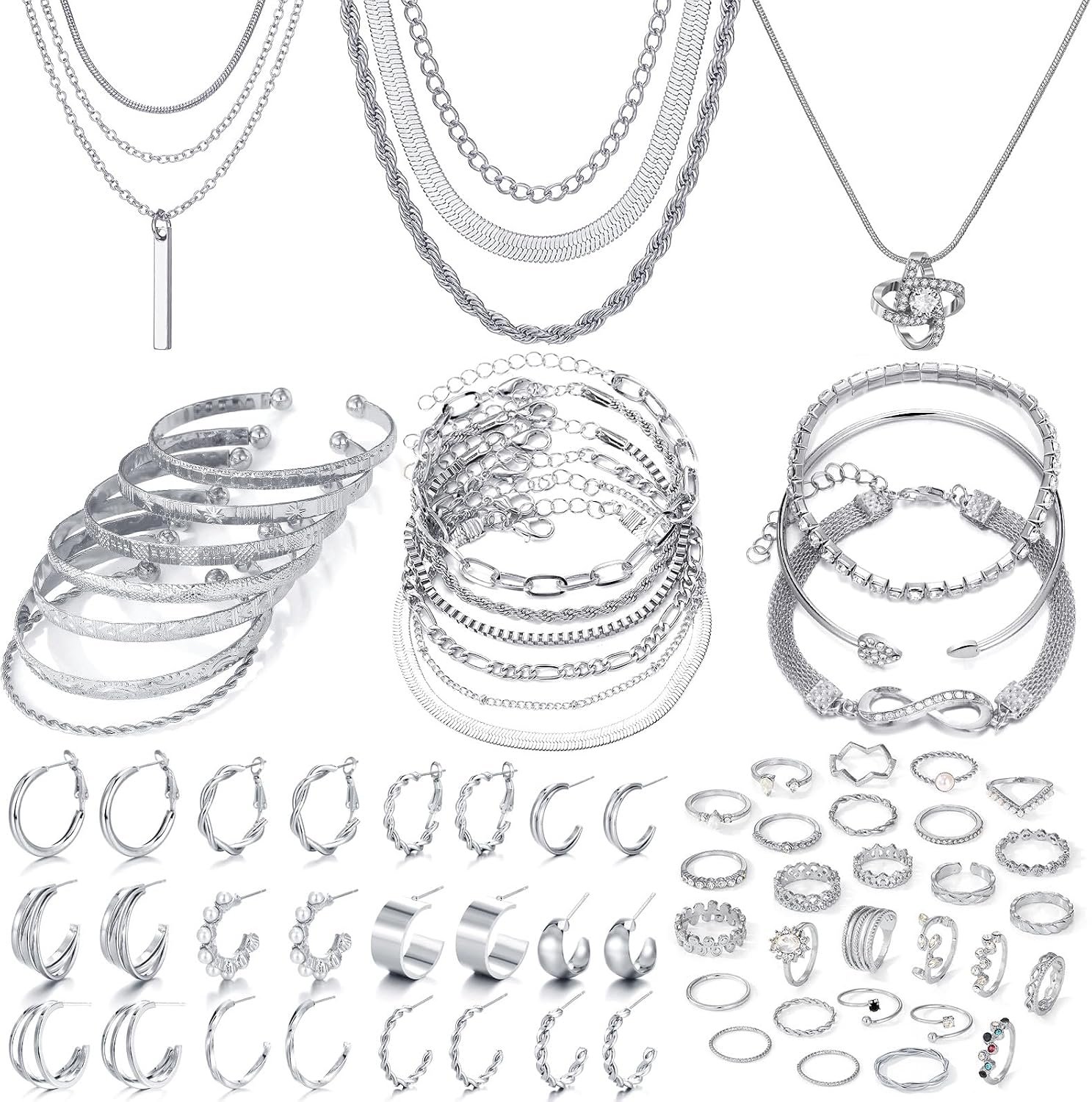 IFKM 36 PCS Silver Plated Jewelry Set with 3 PCS Necklace, 12 PCS Bracelet, 7 PCS Ear Cuffs Earring, 14 Pcs Knuckle Rings for Women Valentine Anniversary Birthday Friendship Gift