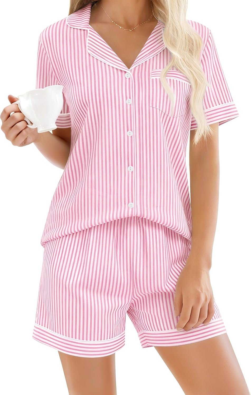 SWOMOG 100% Cotton Women Pajama Set 2 Piece Gingham Pjs Set Short Sleeve Plaid Sleepwear Button Down Lounge Set