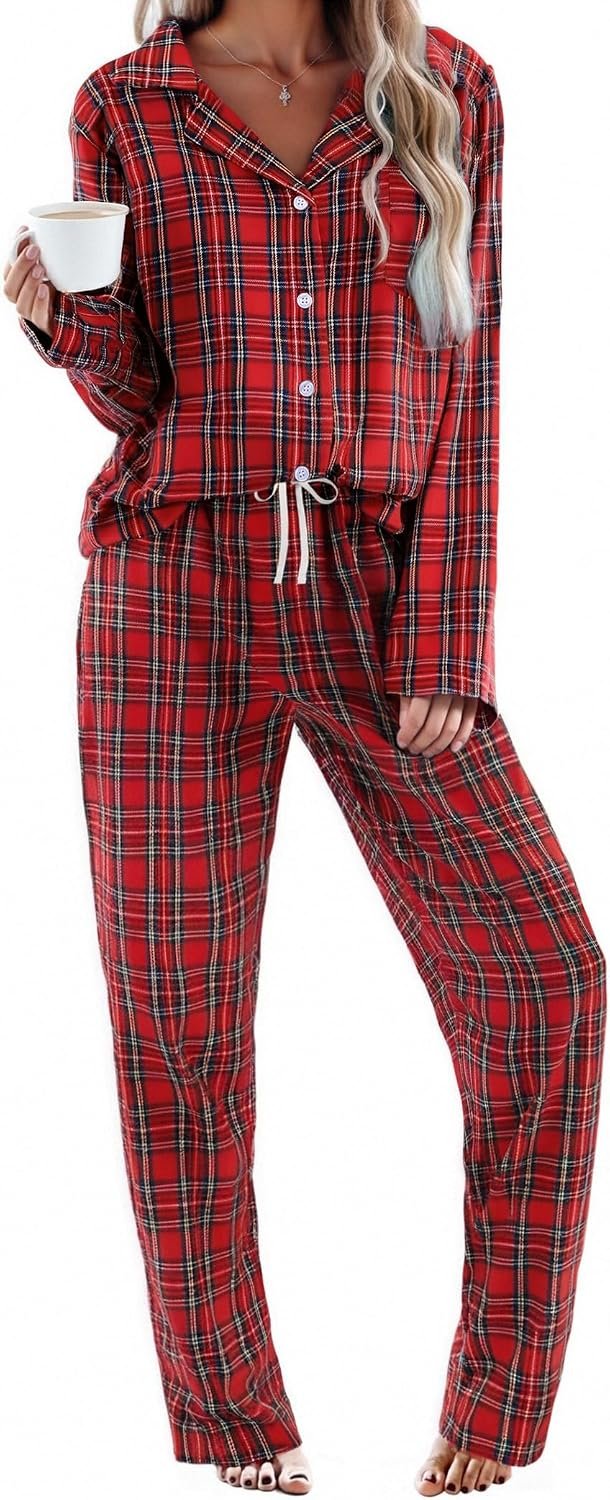 Ekouaer Womens Pajama Sets 2 Piece Cotton Plaid Pjs Long Sleeve Sleepwear Button Down Lounge Set with Pockets