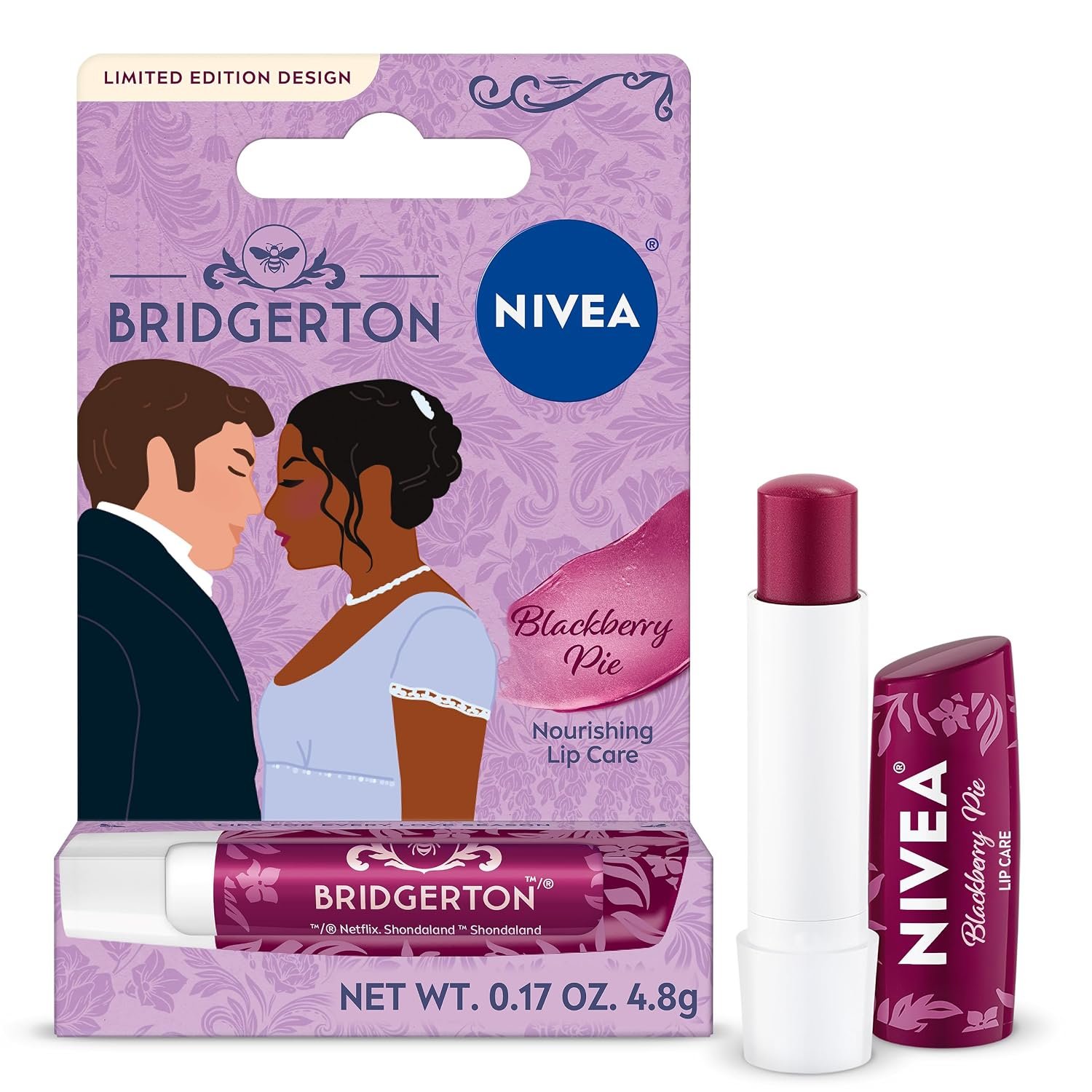 NIVEA Blackberry Pie Lip Care, Bridgerton Design Lip Balm, 0.17 OZ | Bridgerton Limited Edition Burgundy Tinted Lip Balm with Shea Butter, Oils and Vitamins, 3-in-1 Moisture, Repairs Dry Lips