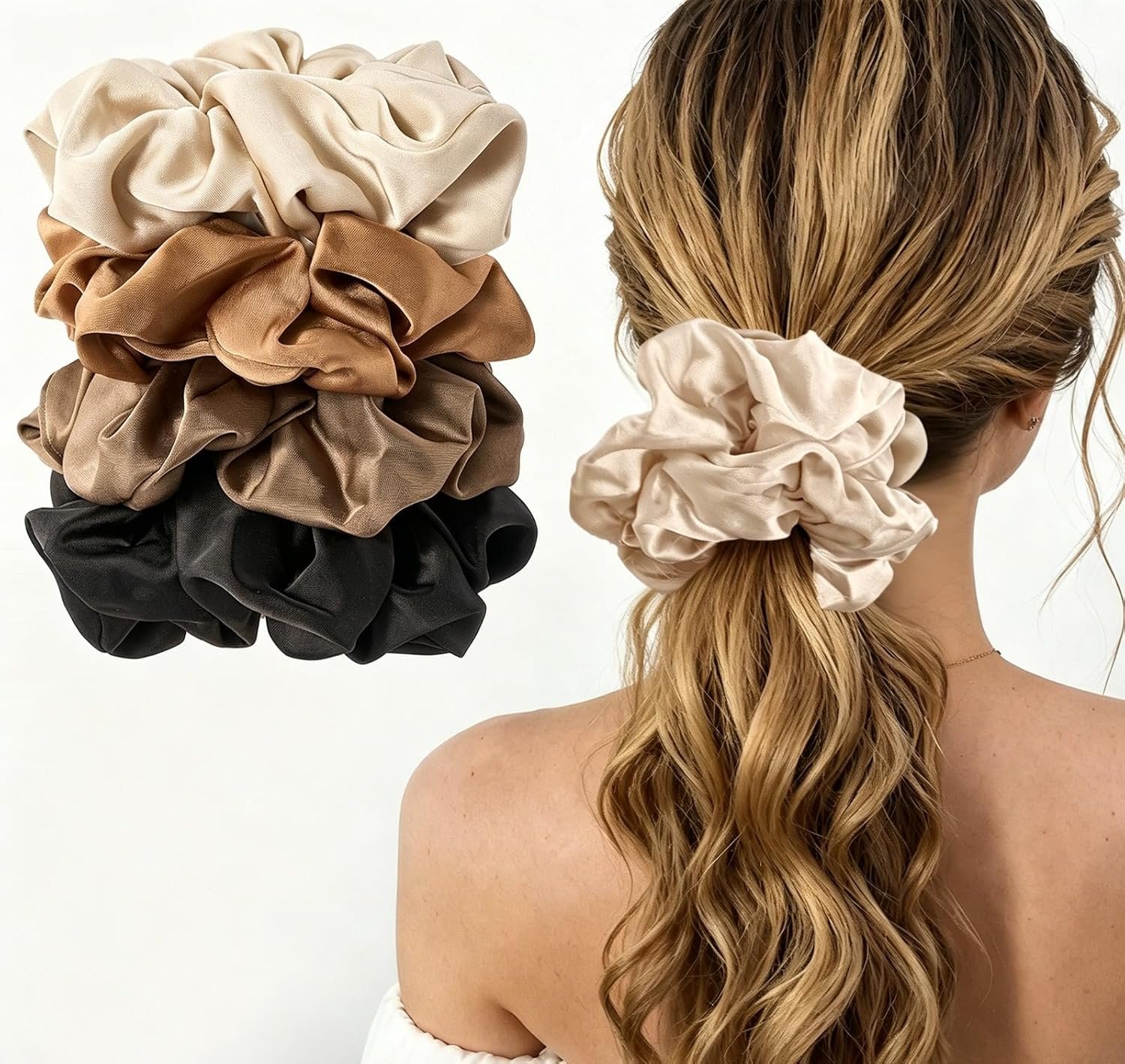 Lolalet Big Satin Scrunchies for Women, 5.9 Inch Large Oversized Scrunchie, Soft Jumbo/Giant Scrunchies Hair Ties for Thick & Curly Hair -4 Pack, Almond/Khaki/Black/Brown