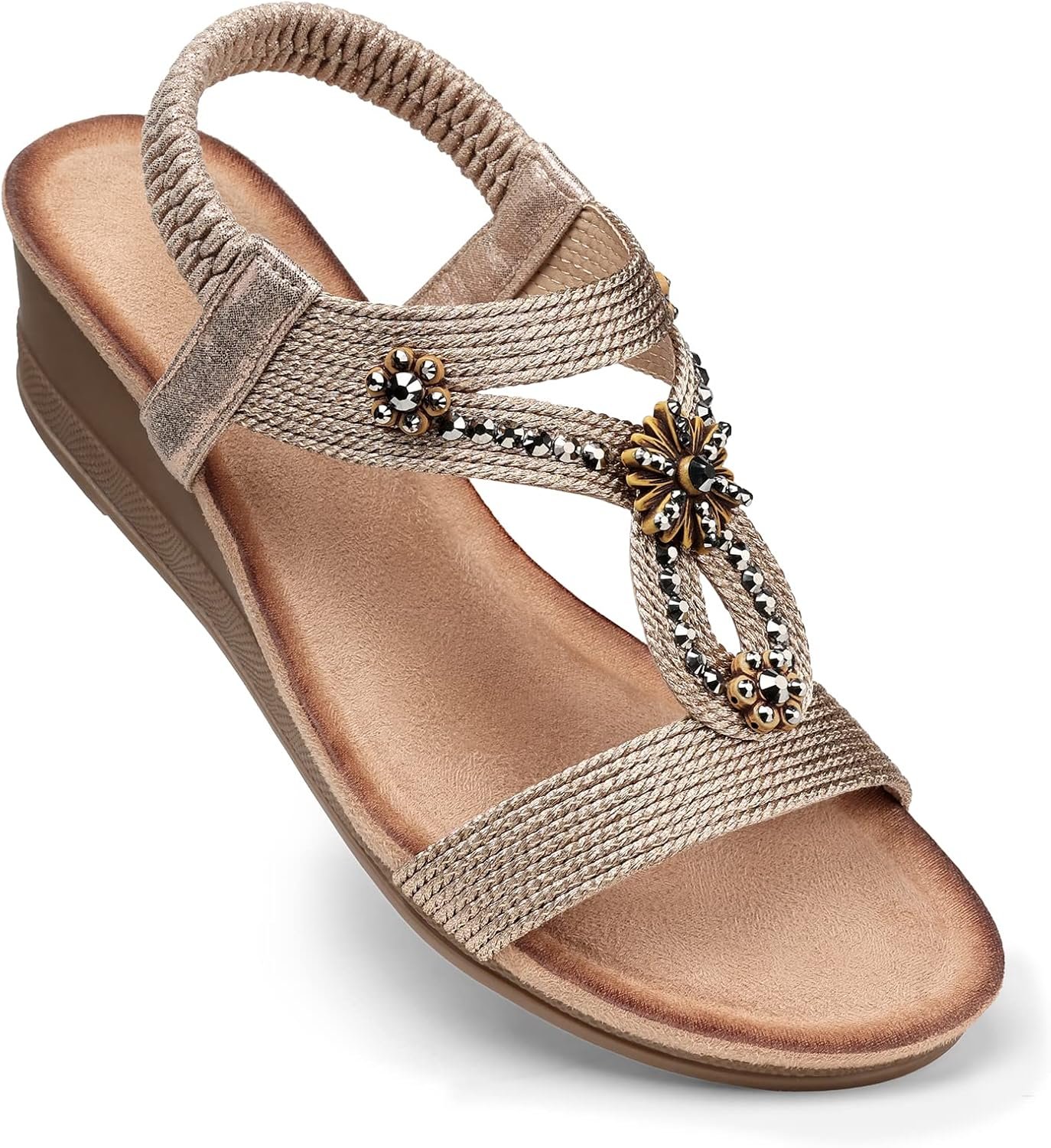 SHIBEVER Womens Wedge Sandals with Cushioning for All-Day Comfortable | Low Heel, Elastic Ankle Strap, Dressy Casual Summer, Open Toe, Travel Vacation Outdoors Dress Shoes, Size 5-12