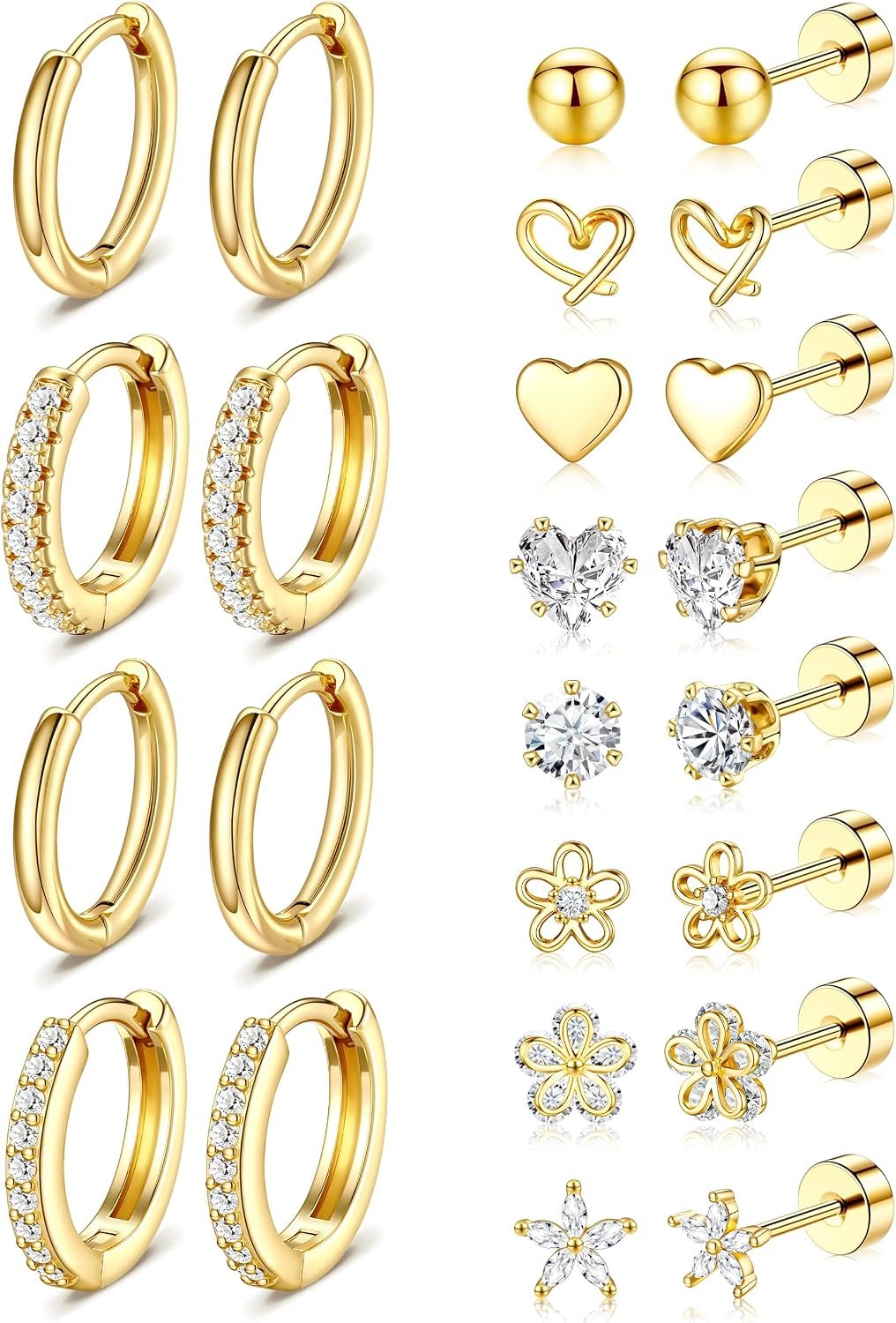 Hypoallergenic Gold Stud Earrings for Women – 14k Gold Plated Surgical Stainless Steel Flat back Earrings Set Small Huggie Hoop Flatback Earring for Sensitive Ears Screw Back Cartilage Piercing Jewelry