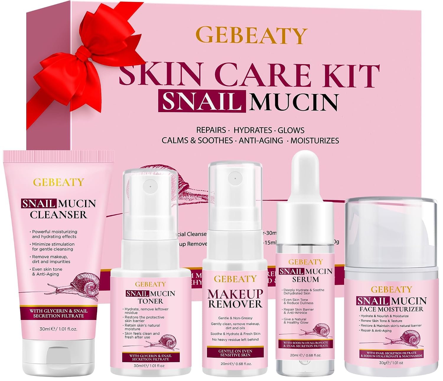 Skin Care Set, 5-Piece Hydrating & Anti Aging Snail Mucin Skincare Routine | Powered by Premium Korean Snail Secretion Filtrate to Repair,Restore & Soothe Dry,Dull or Damaged Skin,Perfect Gift for Women