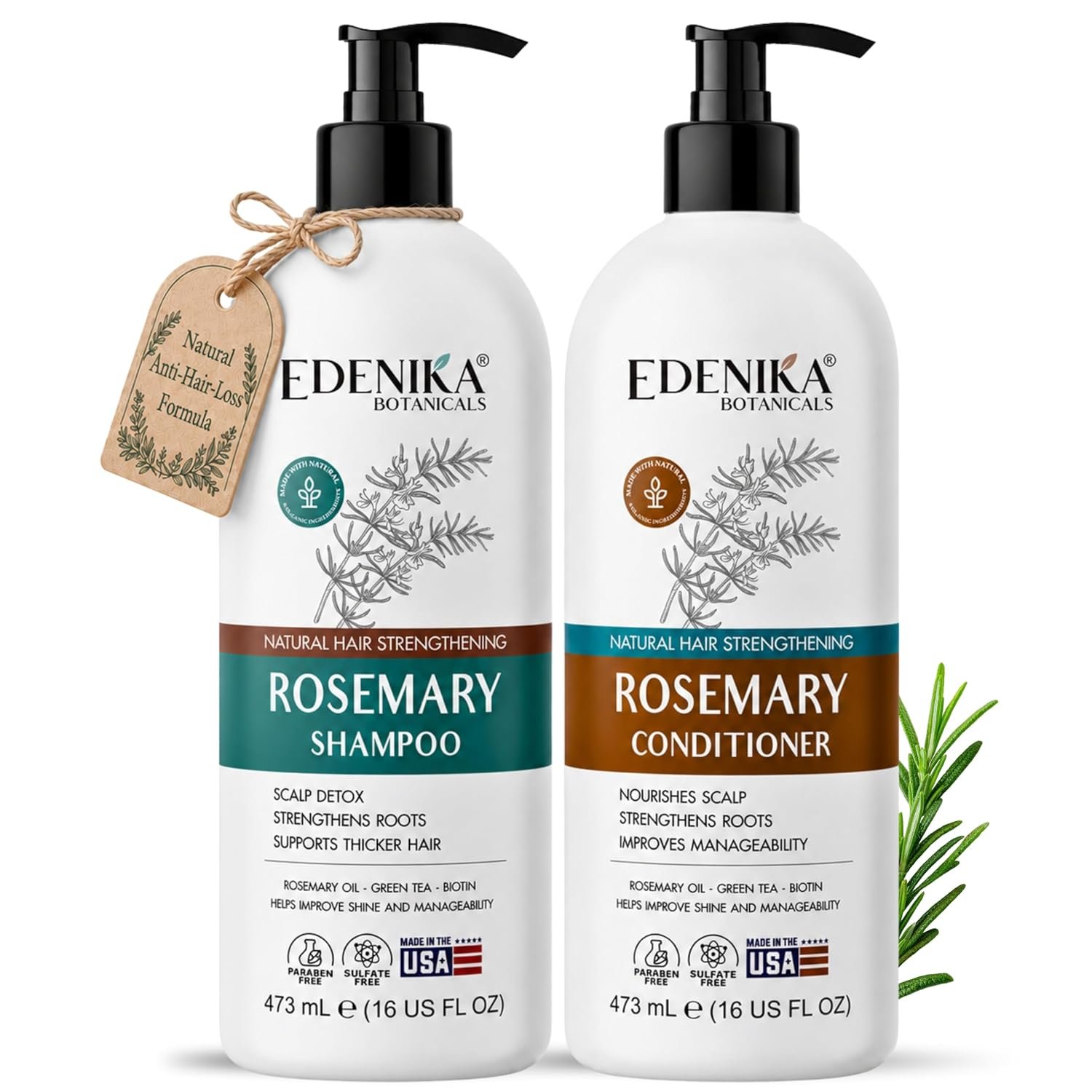Edenika Botanicals Rosemary Shampoo and Conditioner Set with 100% Rosemary Oil & Biotin for Thinning Hair, Anti-Hair Loss & Strengthening Botanical Formula, Women & Men, Sulfate-Free